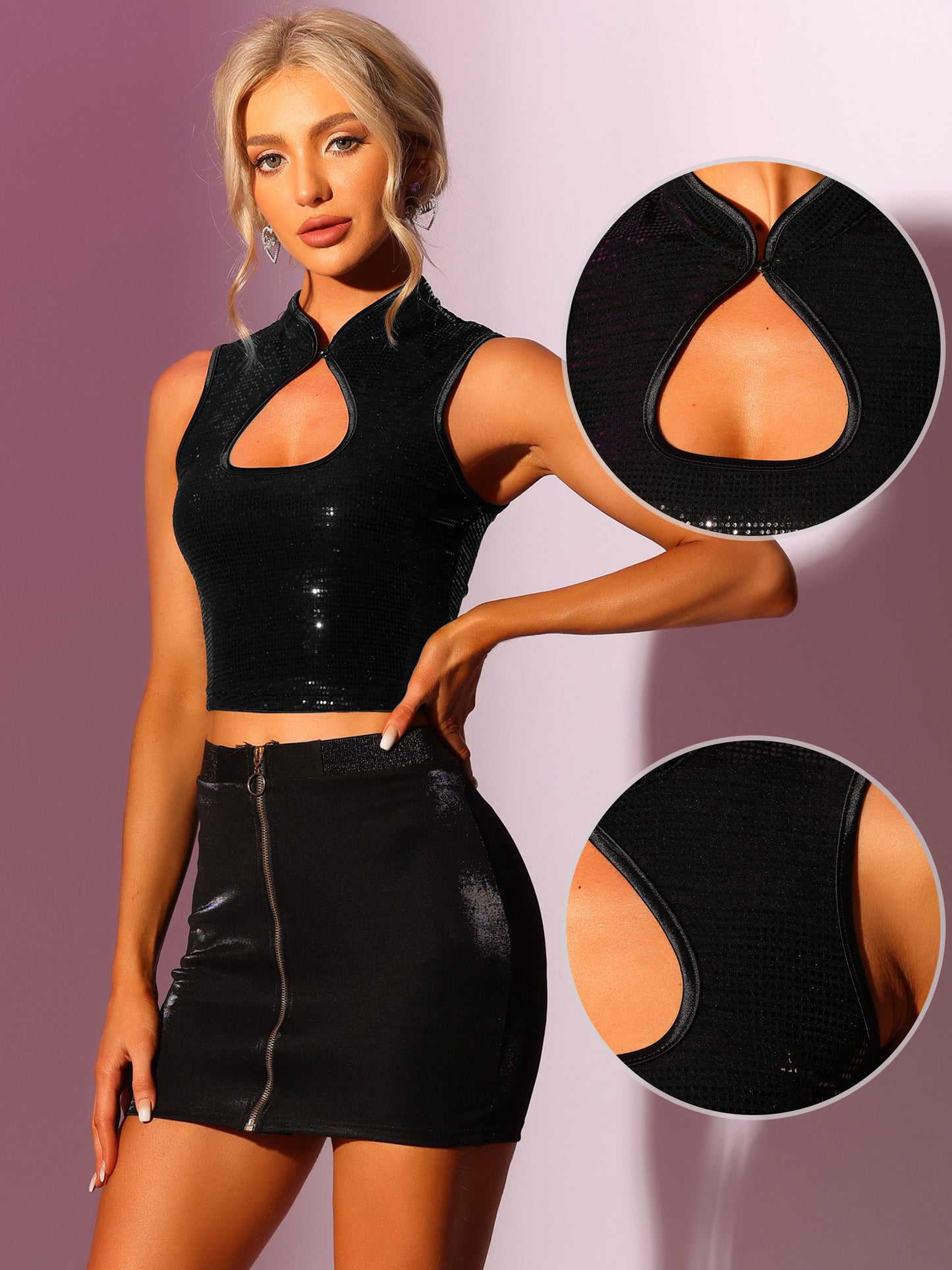 Top corto sin mangas con corte frontal para mujer, ajustado y con lentejuelas