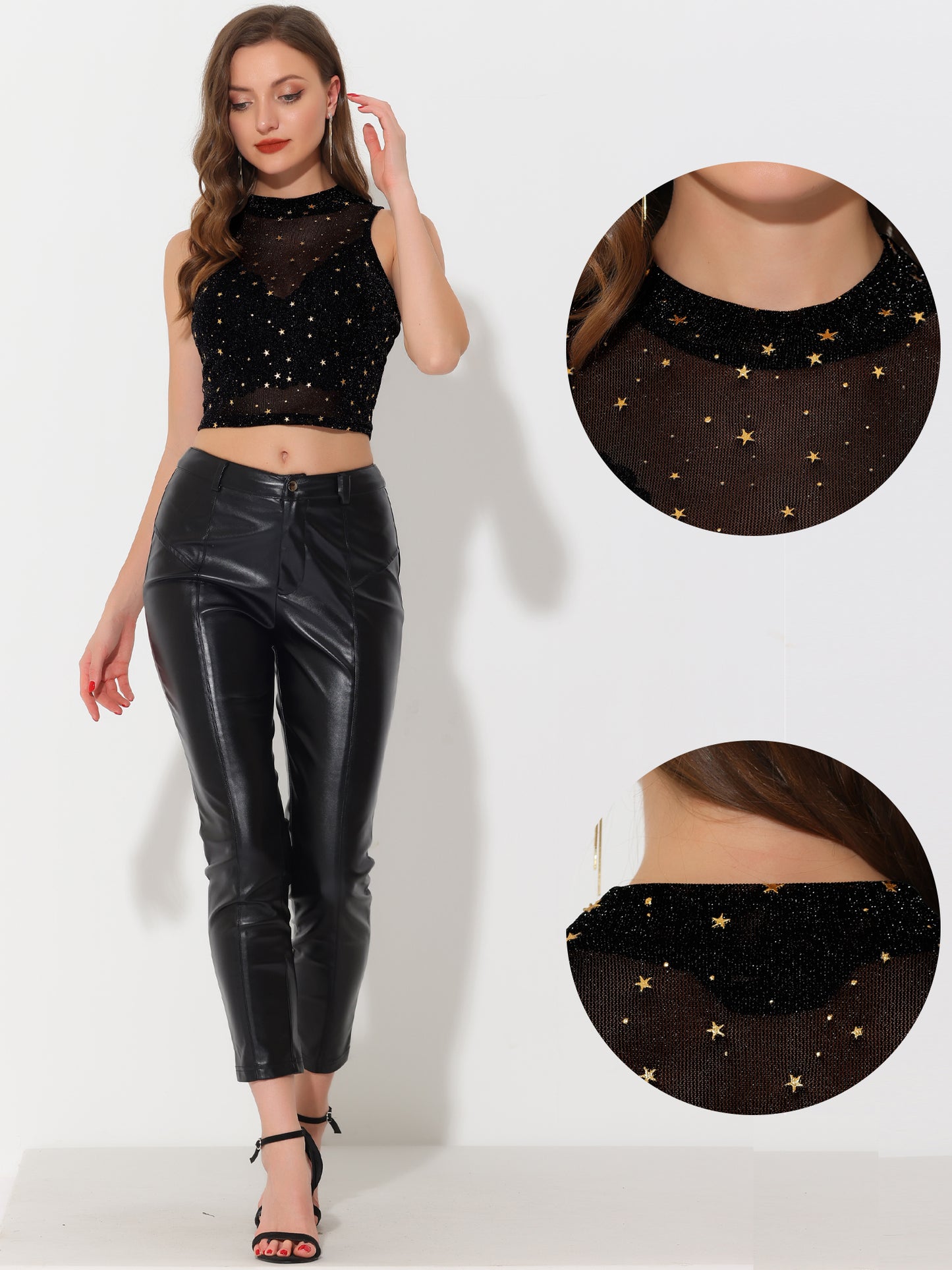 Women's Star Mesh Crop Top Metallic Mock Neck Sleeveless See Through Party Tank Top
