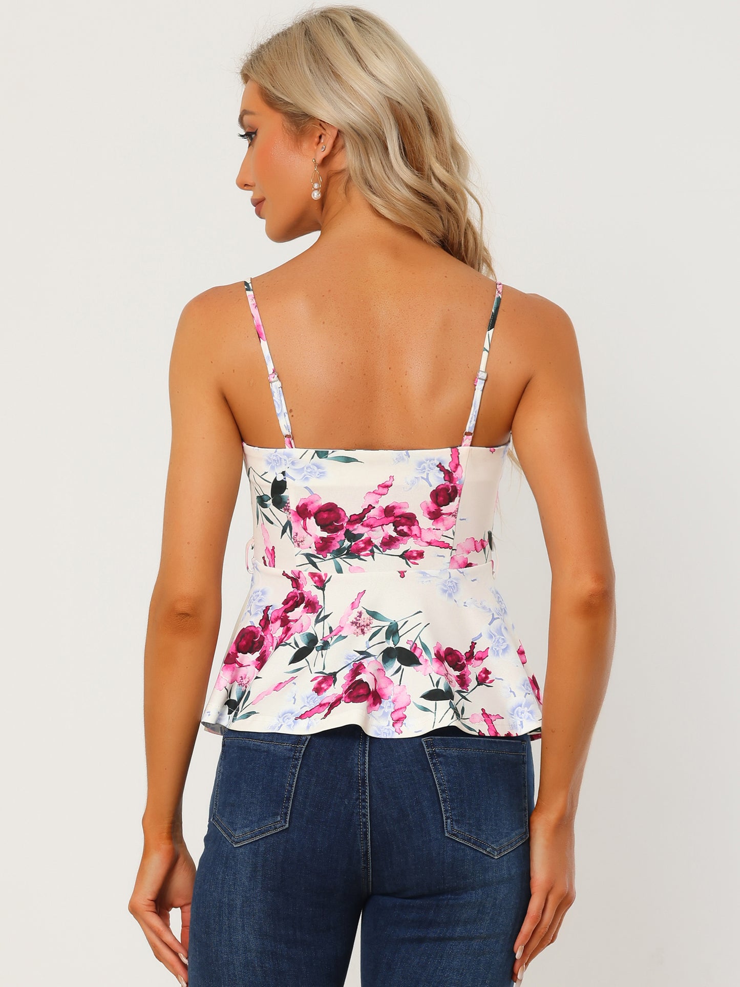 Women's Tank Top V Neck Tie Waist Peplum Floral Sleeveless Cami