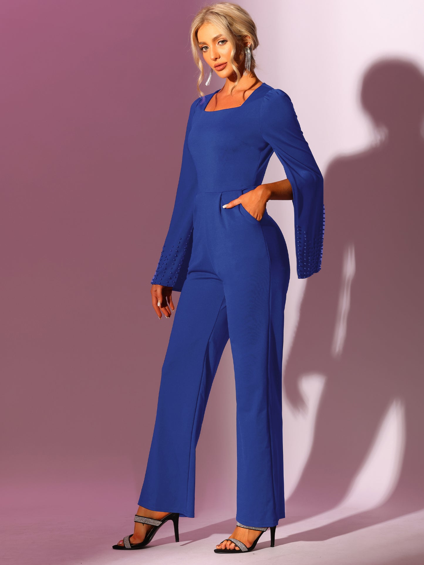 Women's High Waist Jumpsuit Square Neck Wide Leg Long Pant Romper Jumpsuits with Belted