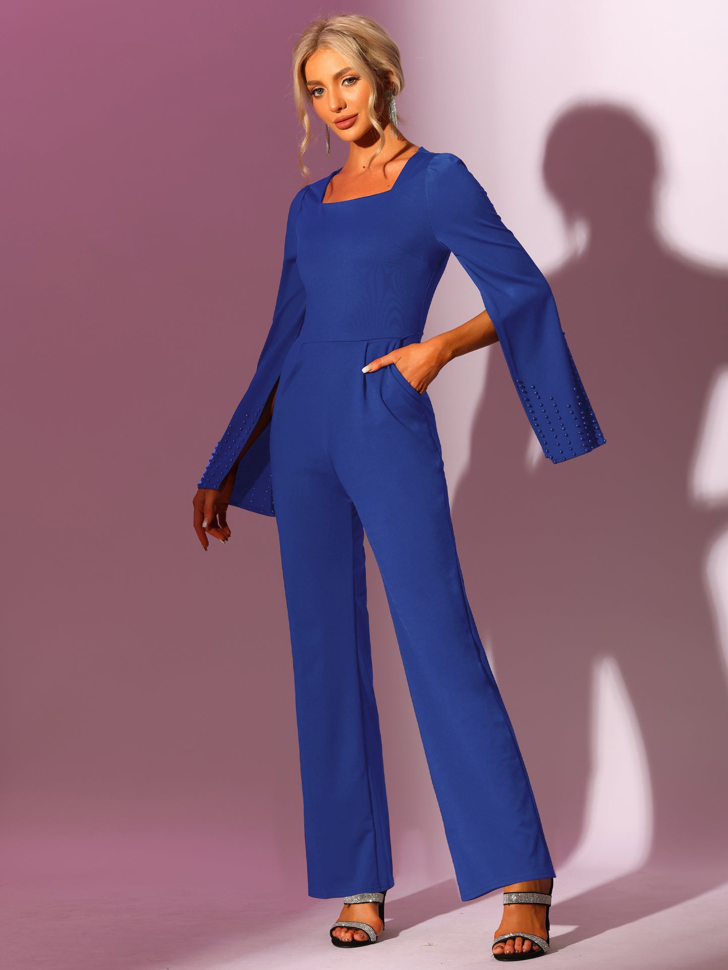 Women's High Waist Jumpsuit Square Neck Wide Leg Long Pant Romper Jumpsuits with Belted