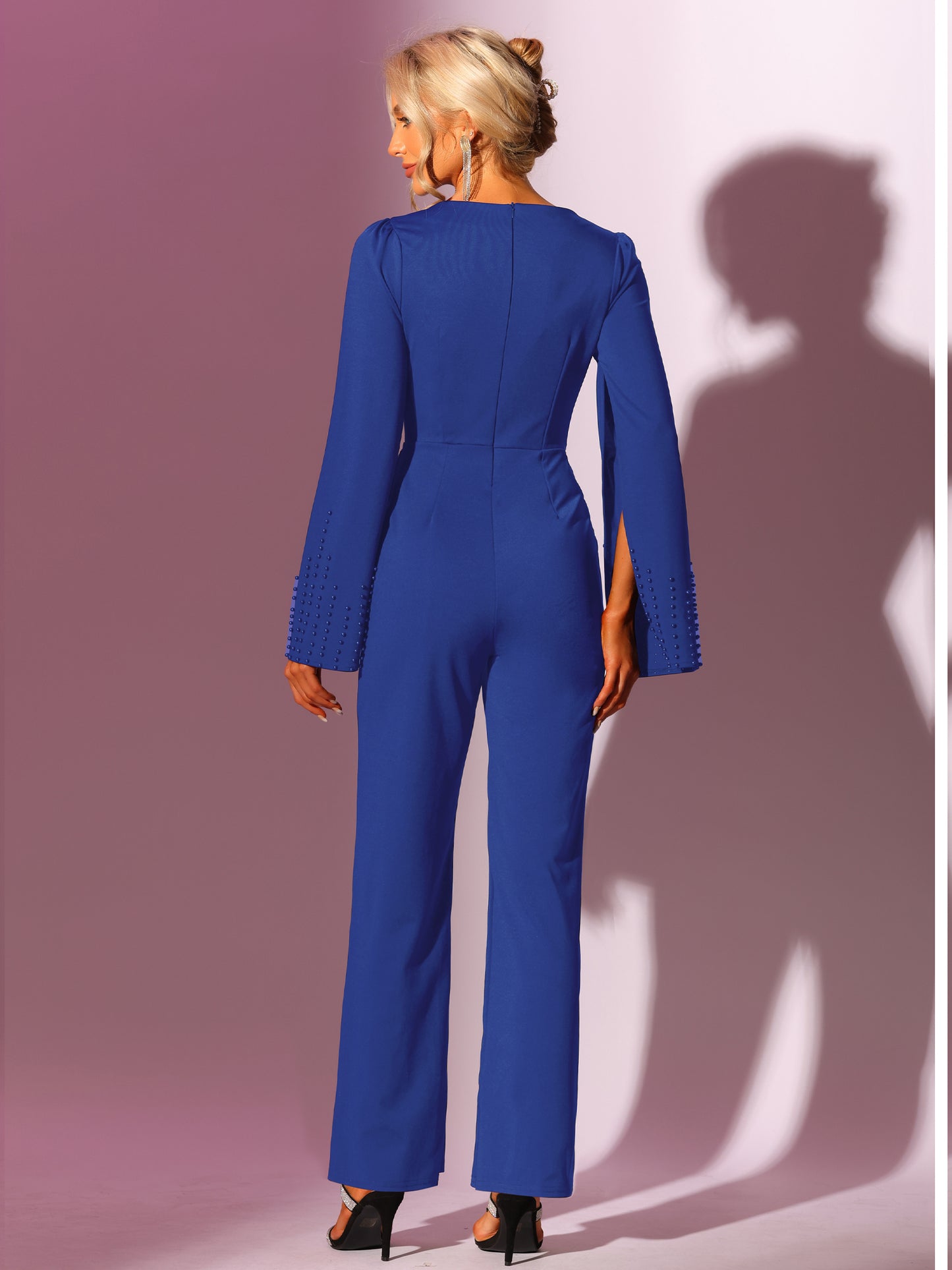 Women's High Waist Jumpsuit Square Neck Wide Leg Long Pant Romper Jumpsuits with Belted