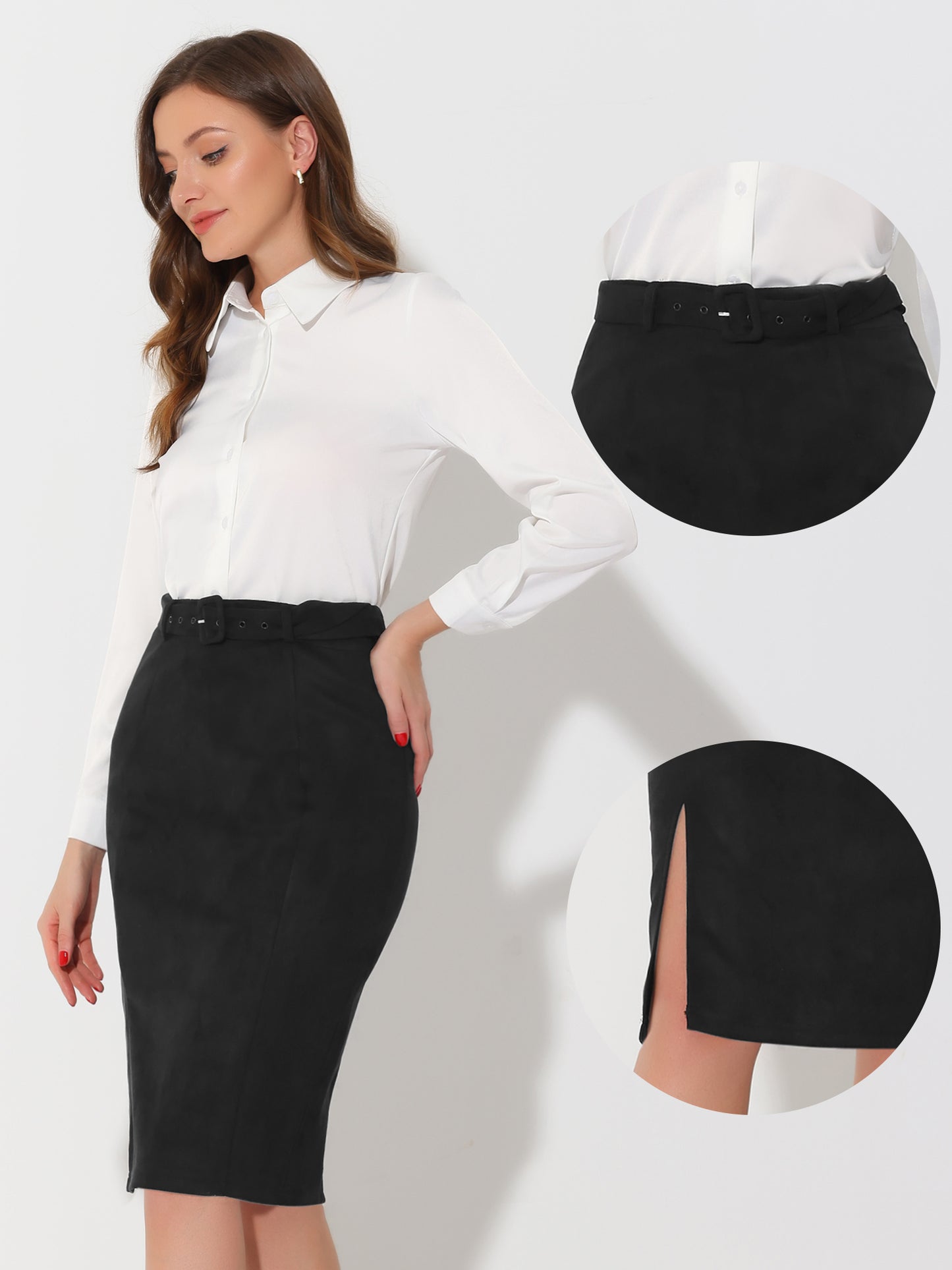 Women's Faux Suede Skirts High Waist Belted Below Knee Length Slit Pencil Skirt