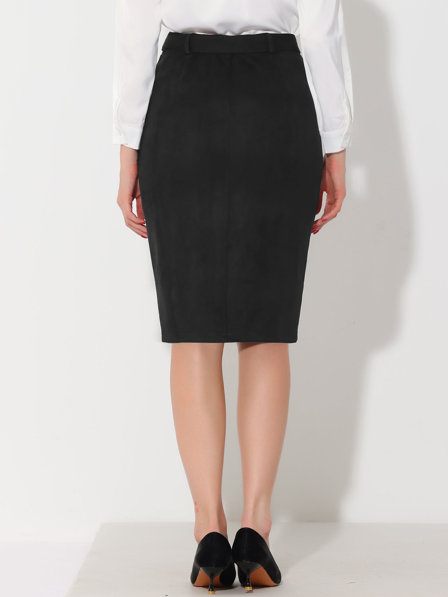 Women's Faux Suede Skirts High Waist Belted Below Knee Length Slit Pencil Skirt