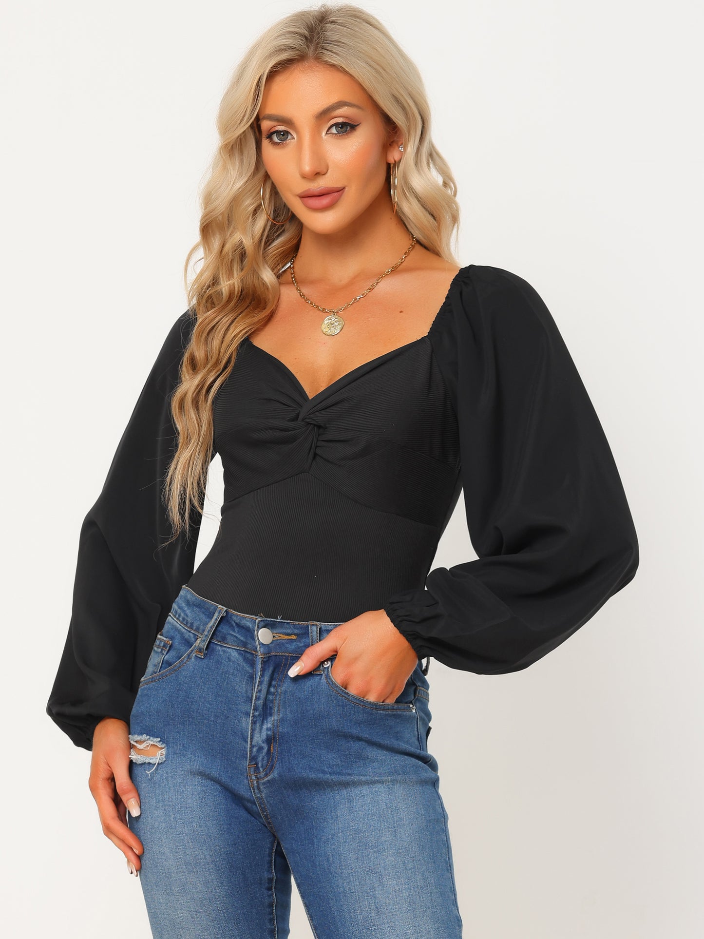 Women's Sweetheart Square V Neck Puff Sleeve Long Sleeve Top Bodysuit
