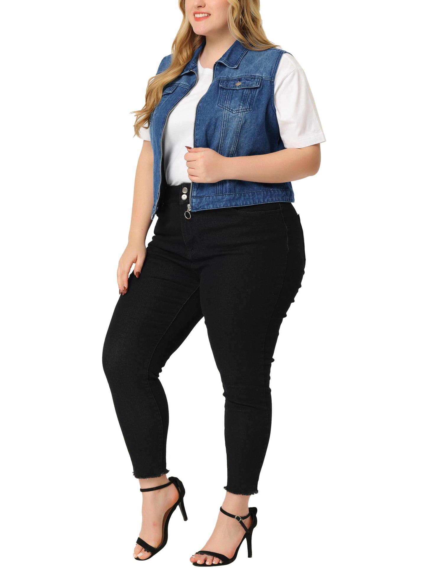 Women Plus Size Denim Vest Sleeveless Zip Up Button Down Waistcoat Jeans Jackets Vests