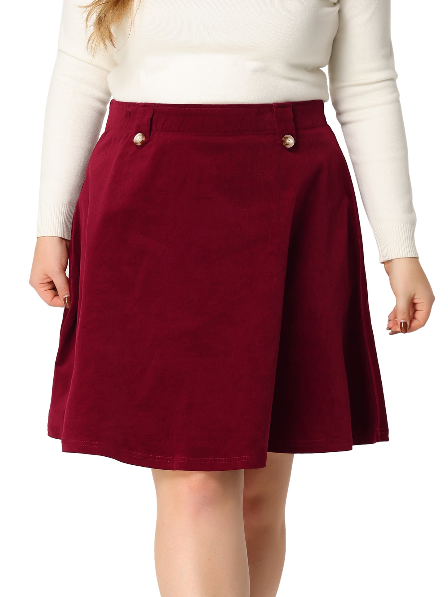 Women Plus Size Retro Corduroy Skirts Elastic Waist Button Decor Fall A-Line Mini Skirt