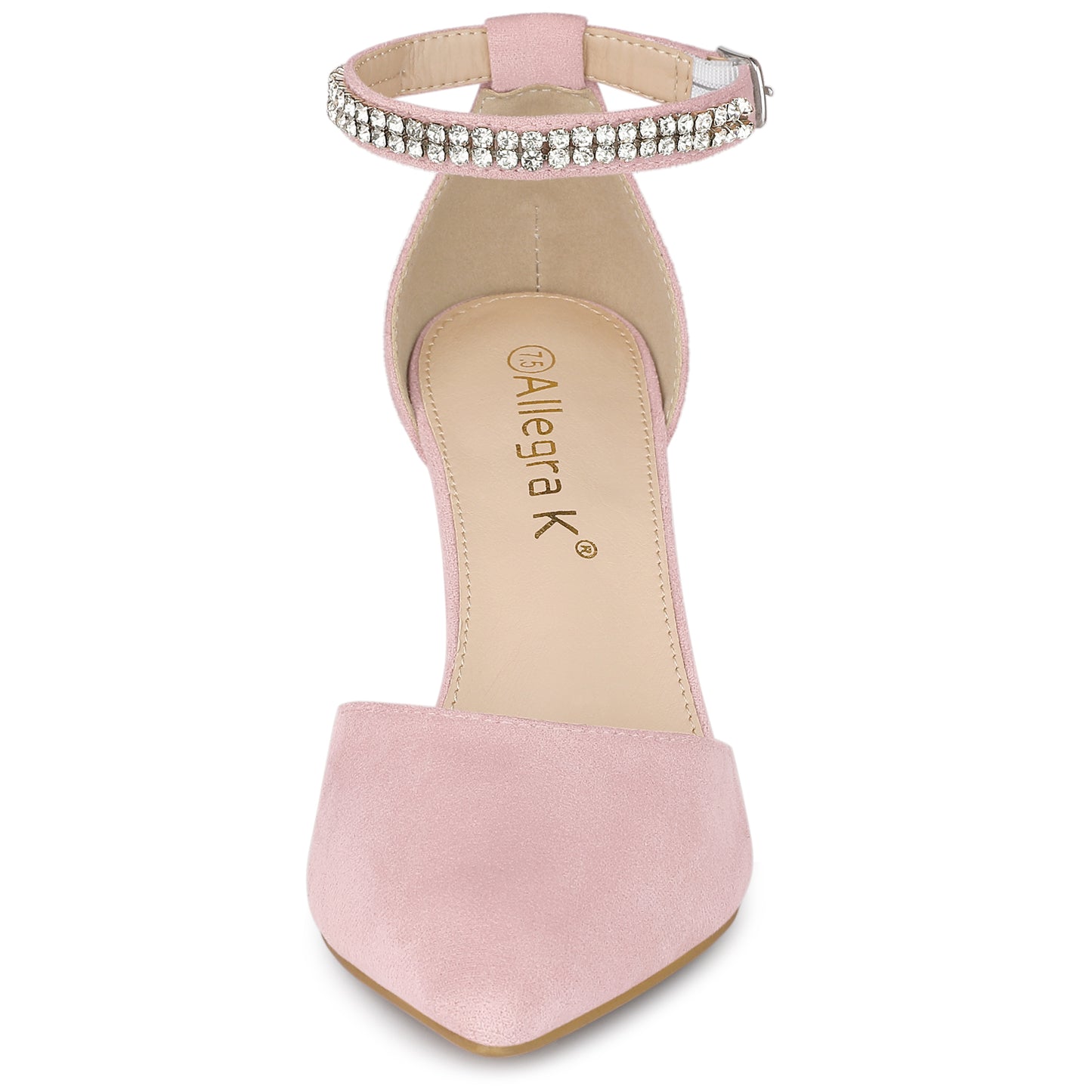 Zapatos de tacón grueso con tiras en el tobillo y punta puntiaguda de diamantes de imitación para mujer