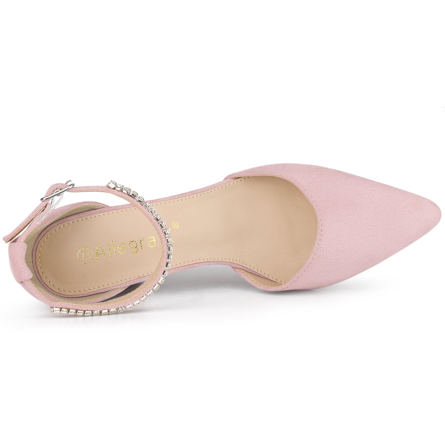 Zapatos de tacón grueso con tiras en el tobillo y punta puntiaguda de diamantes de imitación para mujer