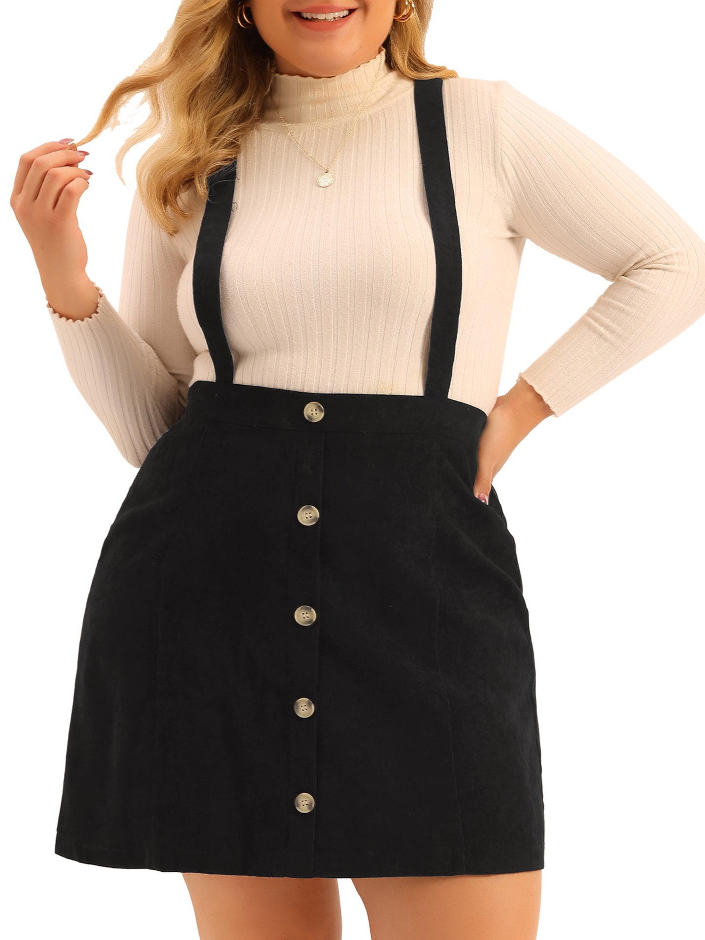 Falda de pana mini con tirantes, abotonada, acampanada y corte A para mujer, talla grande