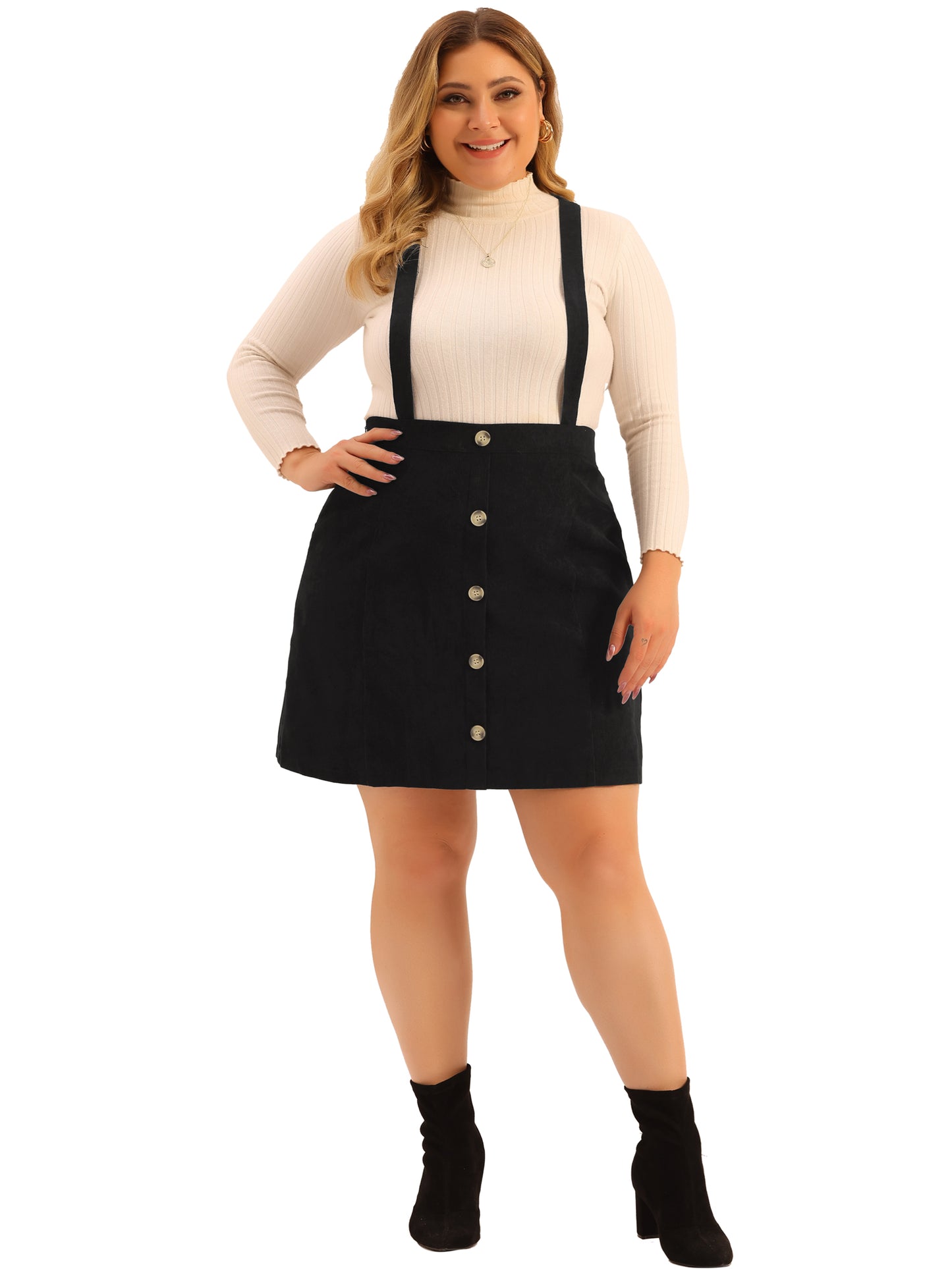 Falda de pana mini con tirantes, abotonada, acampanada y corte A para mujer, talla grande