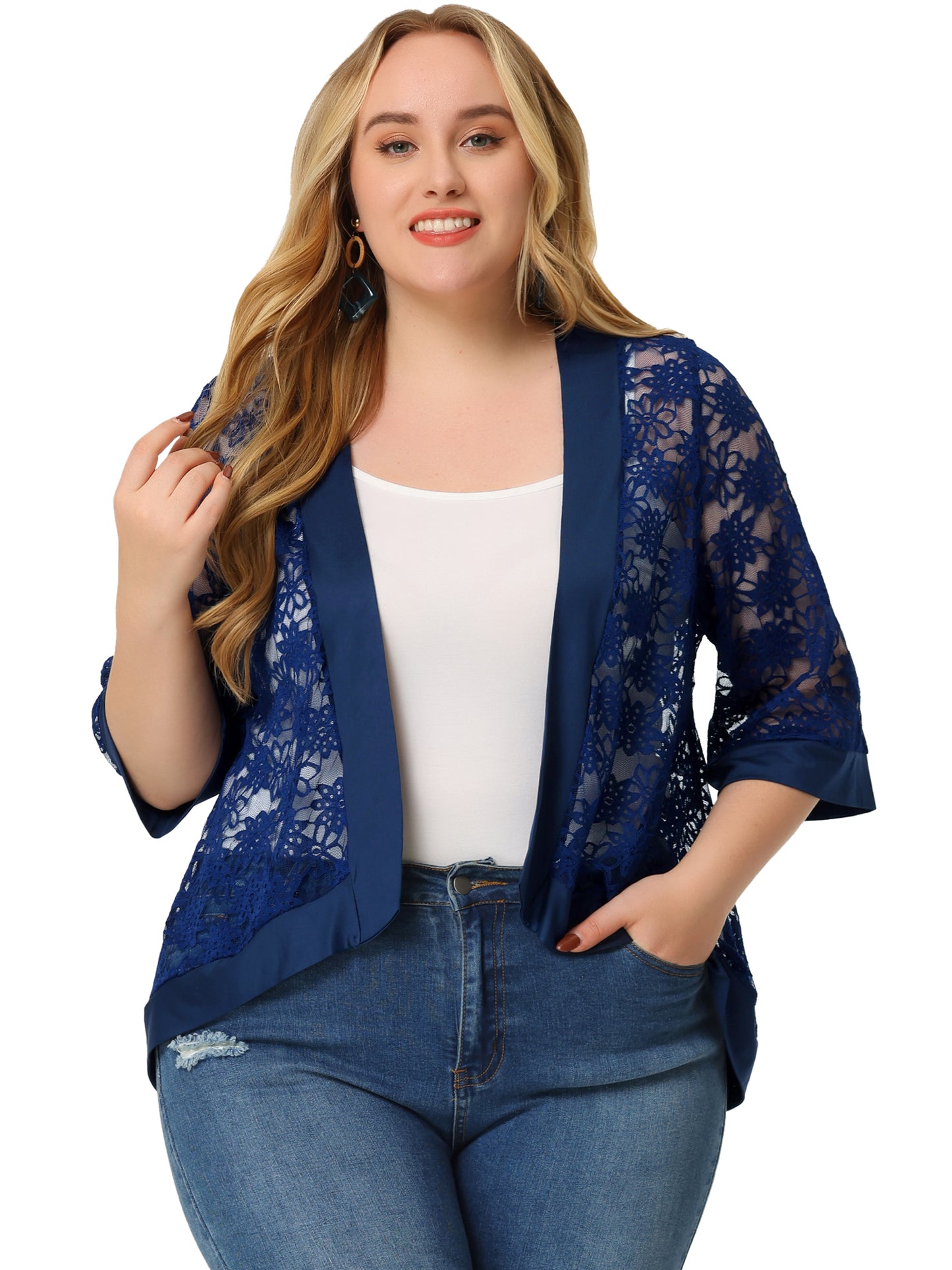 Women Plus Size Shrug Bolero Summer Lace Panel Sheer Loose Cardigan