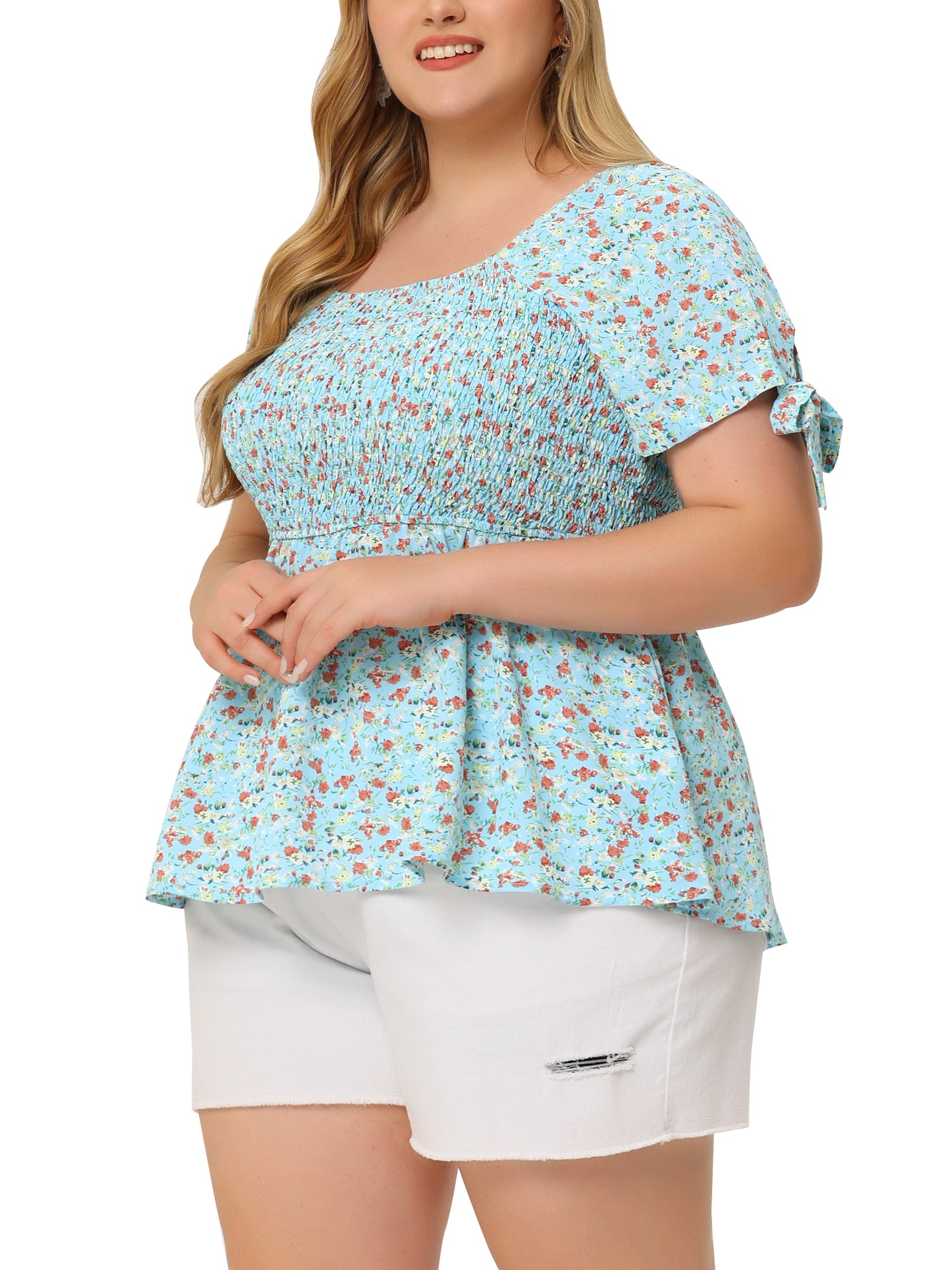 Women Plus Size Summer Top Square Neck Smocked Bow Tie Short Sleeve Peplum Blouse