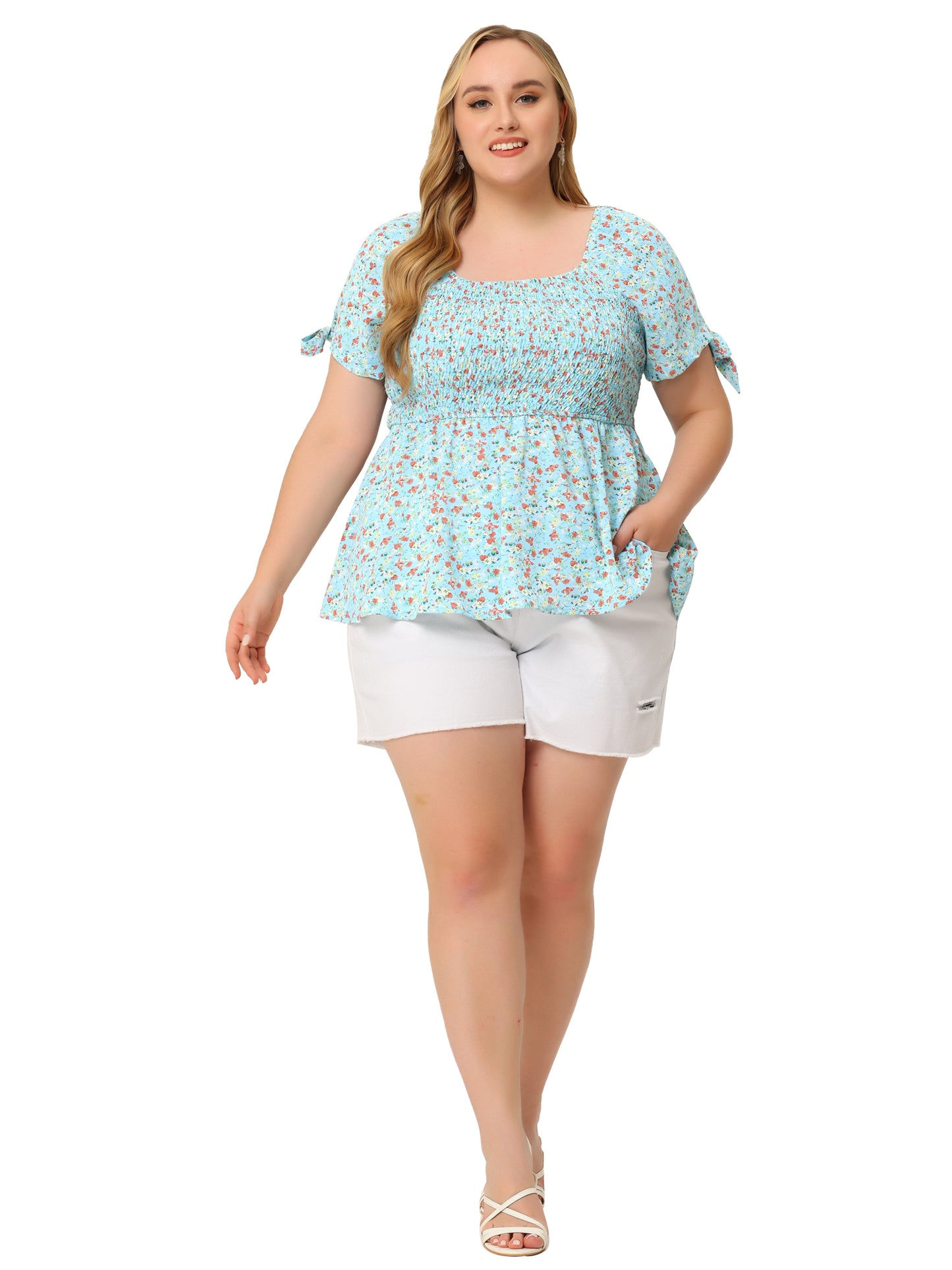 Women Plus Size Summer Top Square Neck Smocked Bow Tie Short Sleeve Peplum Blouse