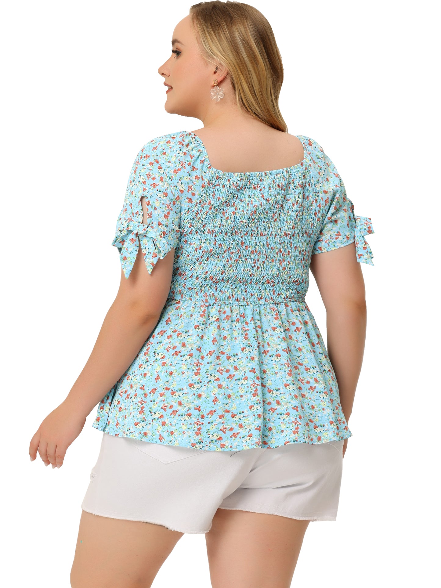 Women Plus Size Summer Top Square Neck Smocked Bow Tie Short Sleeve Peplum Blouse