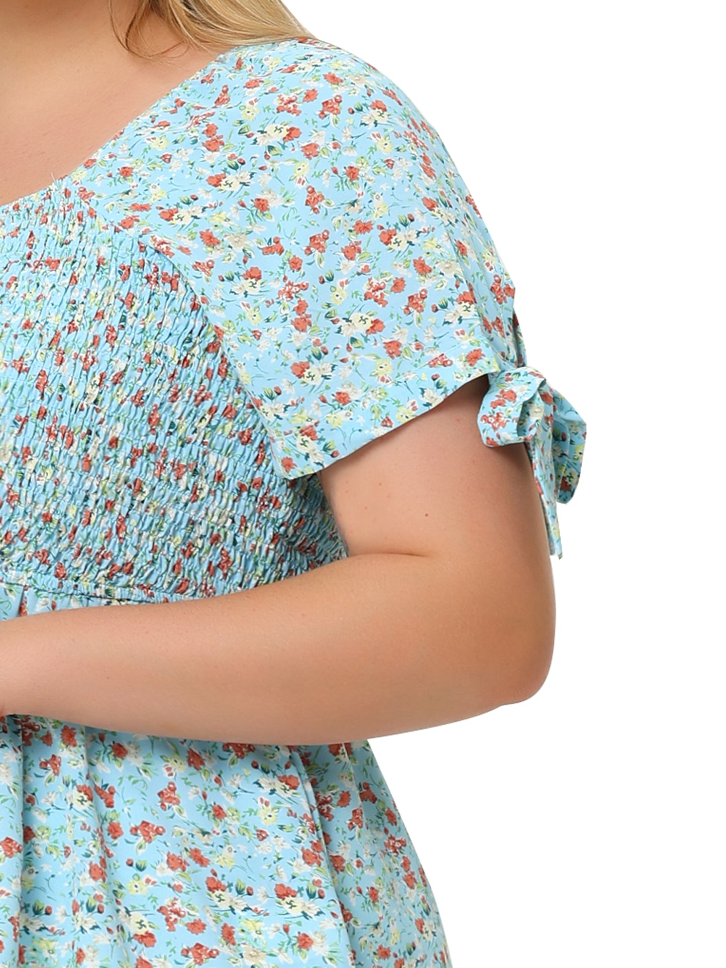 Women Plus Size Summer Top Square Neck Smocked Bow Tie Short Sleeve Peplum Blouse