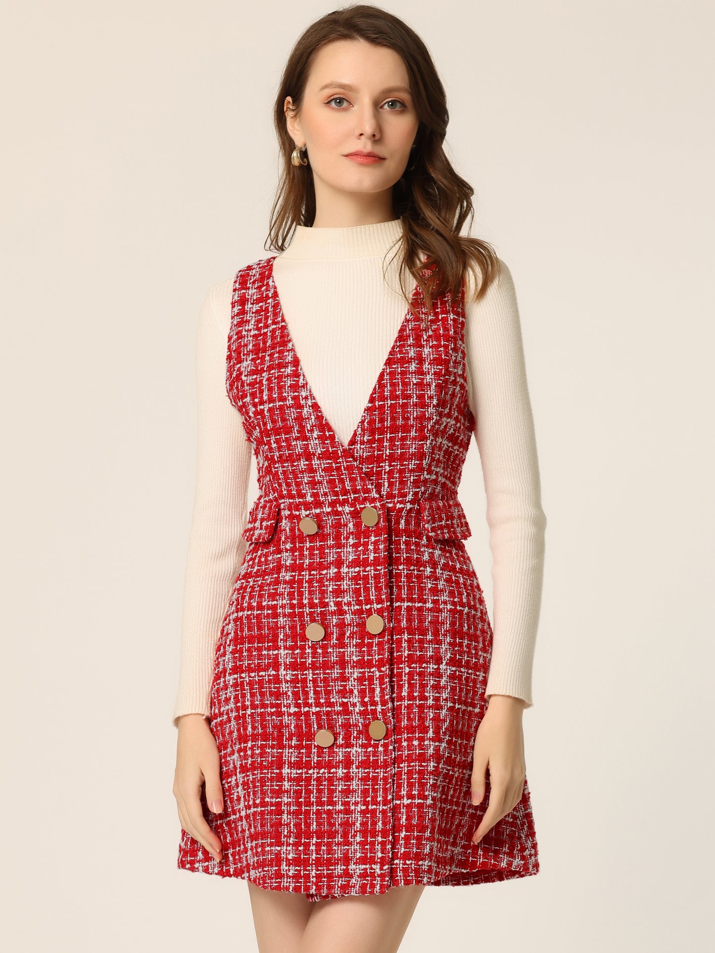 Vestido estilo pichi de tweed a cuadros con cuello en V y botones delanteros estilo retro para mujer