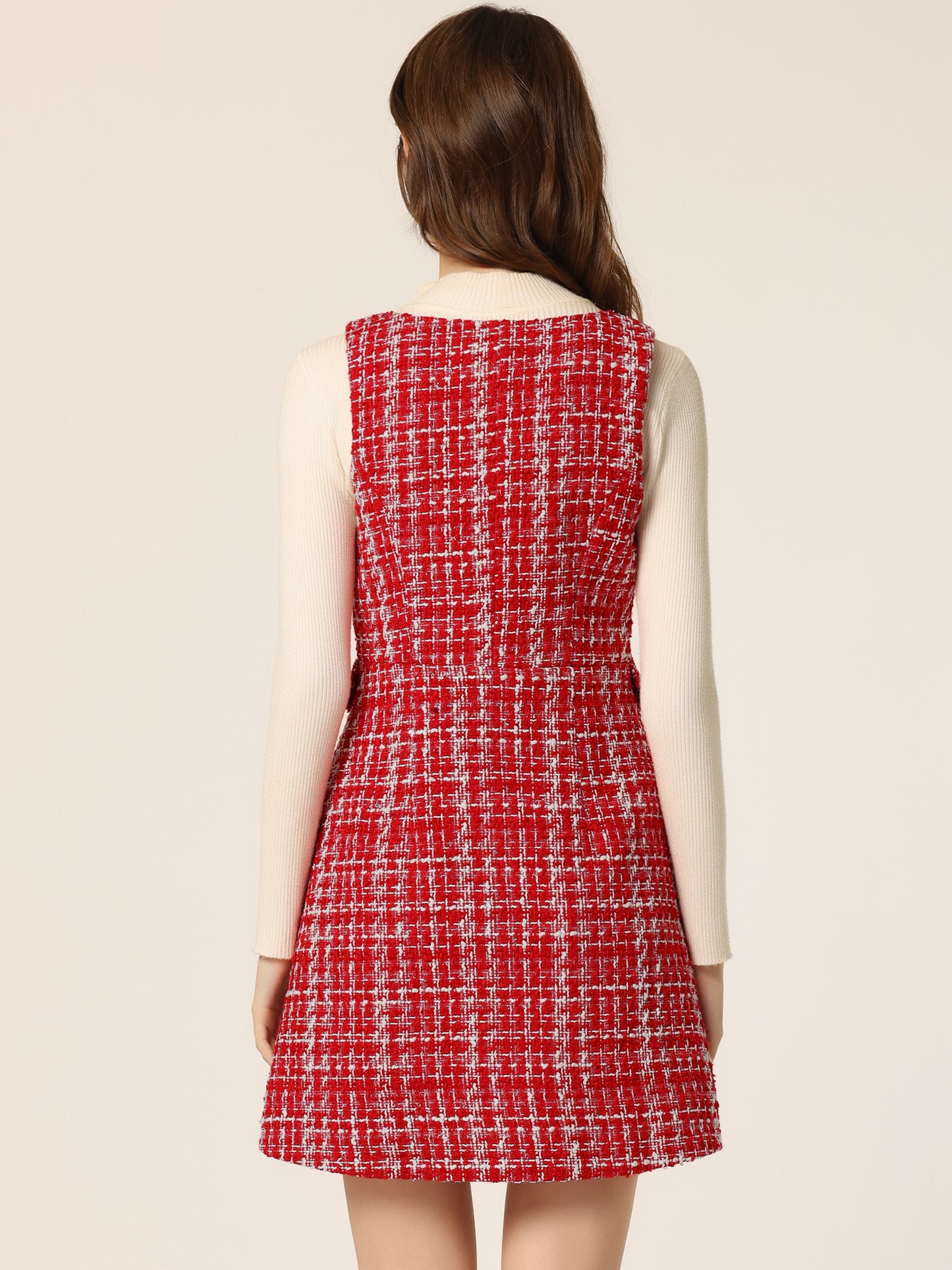 Vestido estilo pichi de tweed a cuadros con cuello en V y botones delanteros estilo retro para mujer