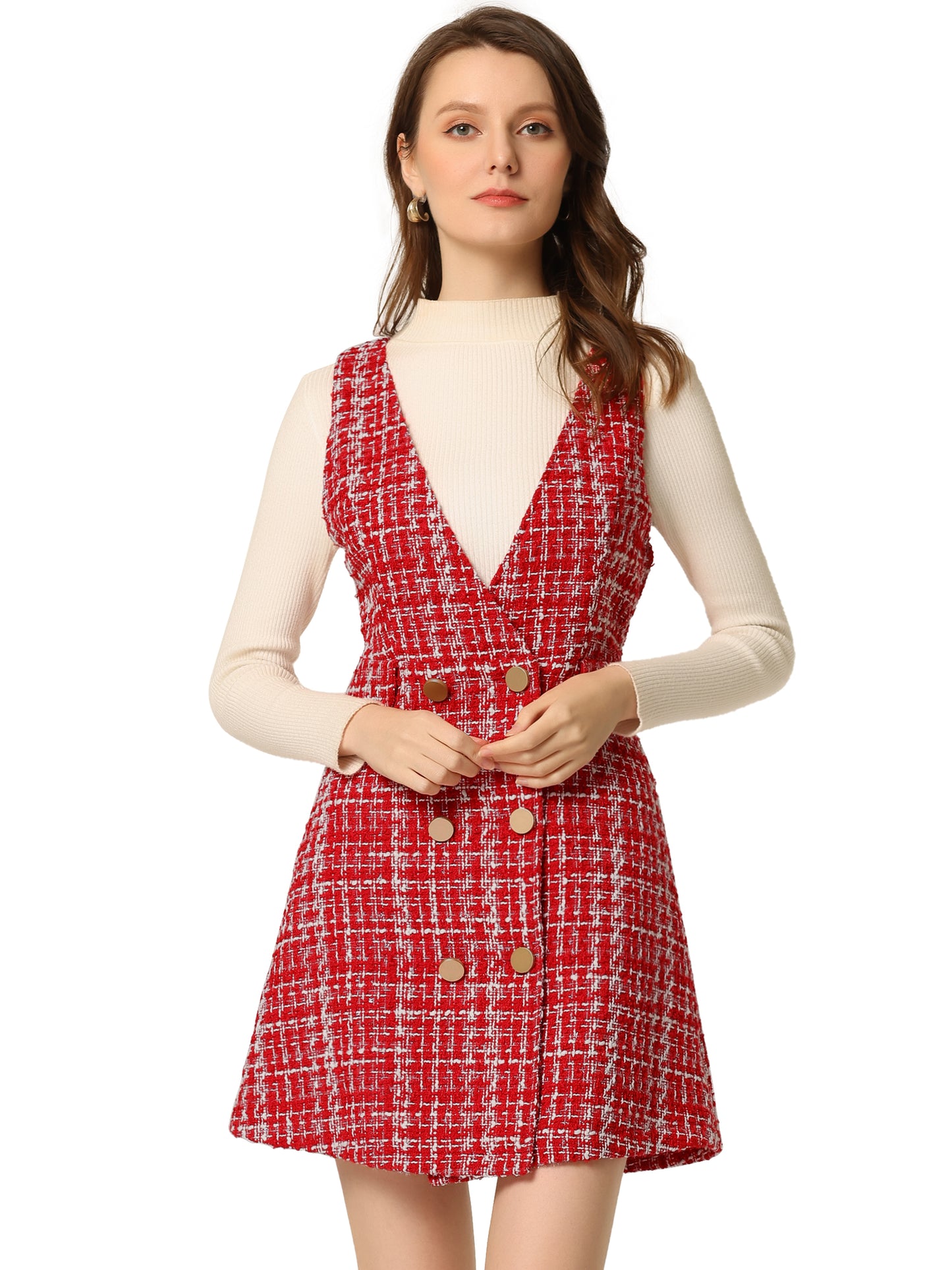 Vestido estilo pichi de tweed a cuadros con cuello en V y botones delanteros estilo retro para mujer