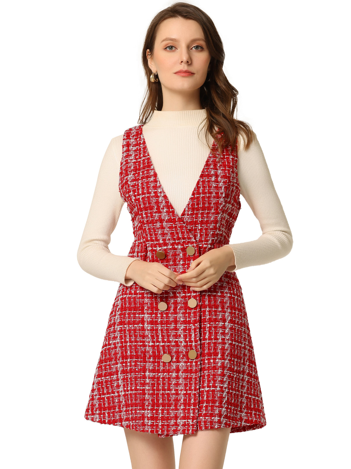 Women's Elegant Retro Button Front V Neck Plaid Tweed Overalls Pinafore Dress