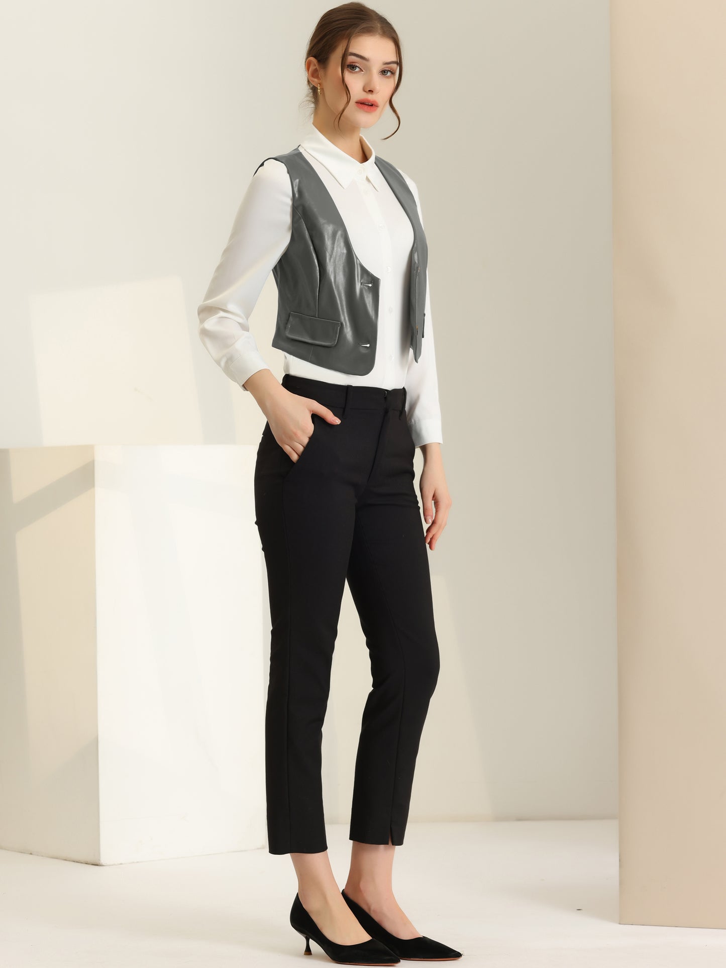 Women's Racerback Suit Vest Sleeveless Versatile PU Faux Leather Vest