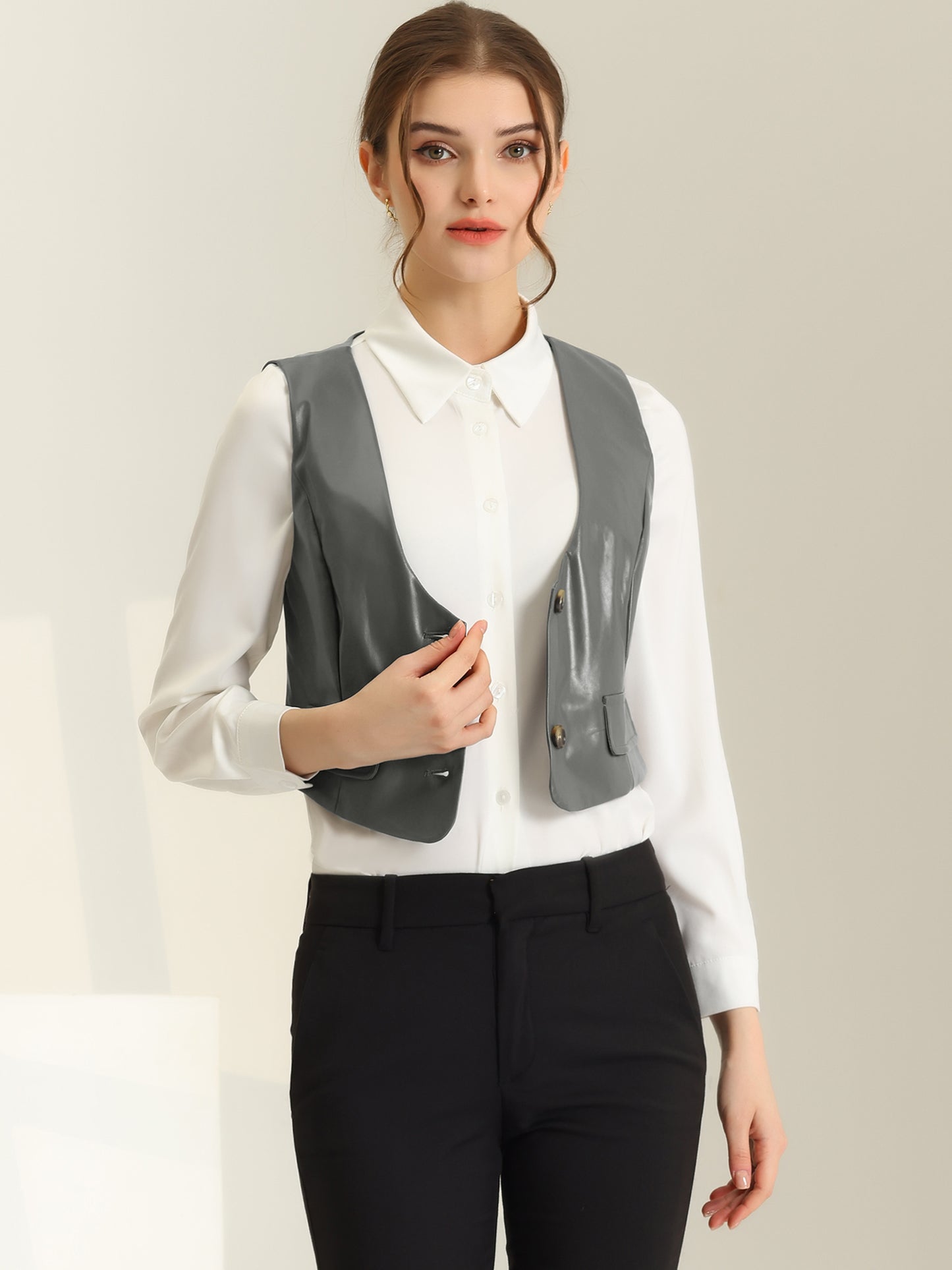 Women's Racerback Suit Vest Sleeveless Versatile PU Faux Leather Vest