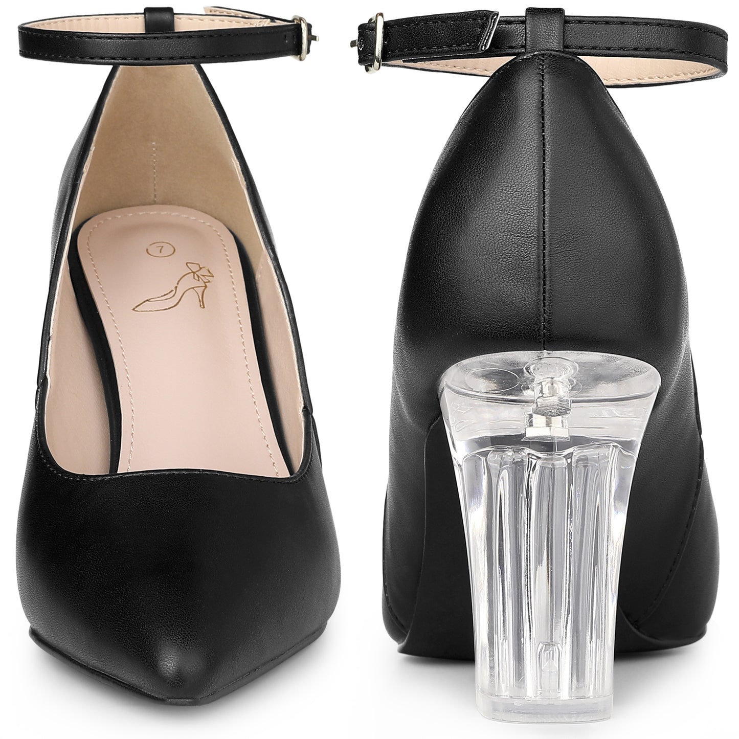 Zapatos de tacón grueso transparentes con tiras en el tobillo y punta puntiaguda para mujer