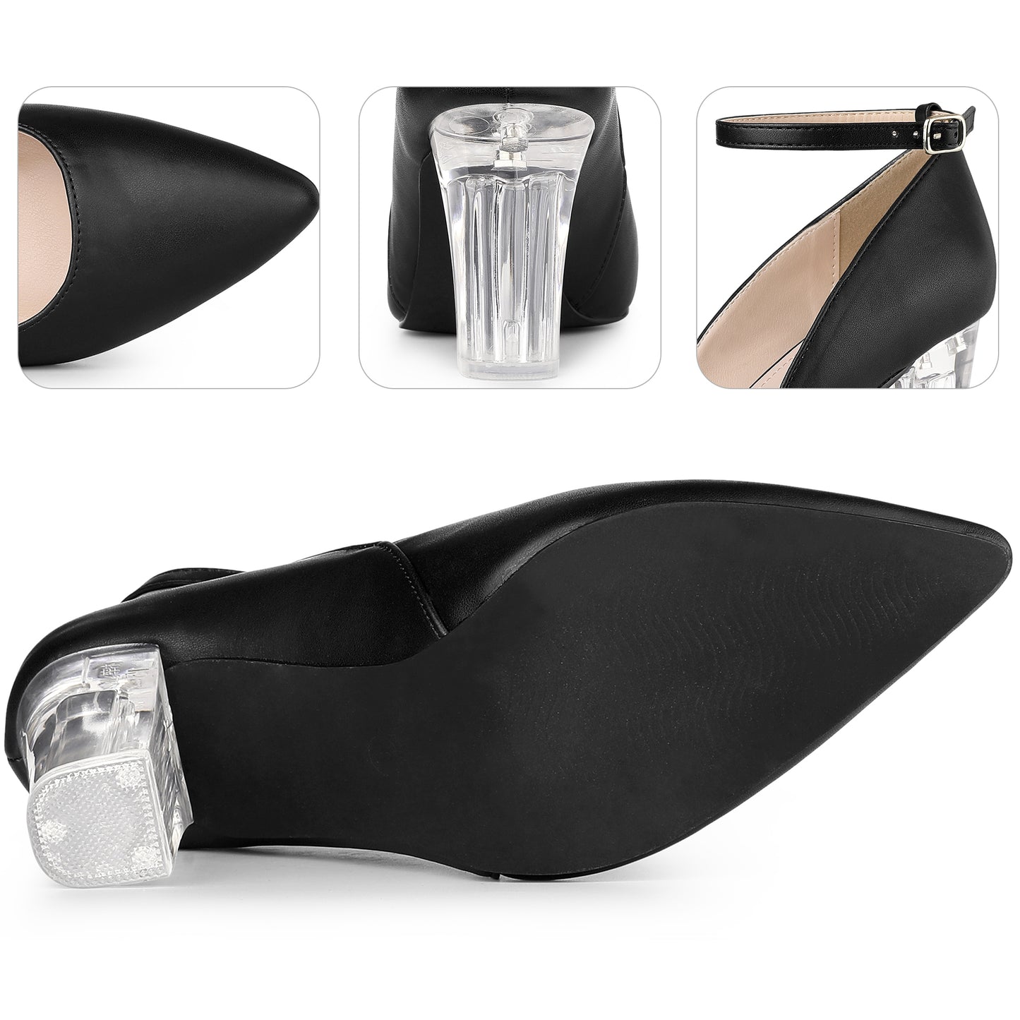 Zapatos de tacón grueso transparentes con tiras en el tobillo y punta puntiaguda para mujer