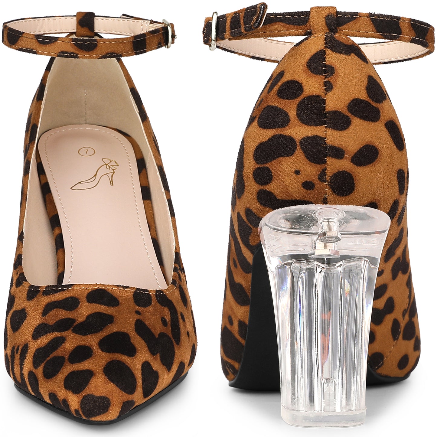 Zapatos de tacón grueso transparentes con tiras en el tobillo y punta puntiaguda para mujer