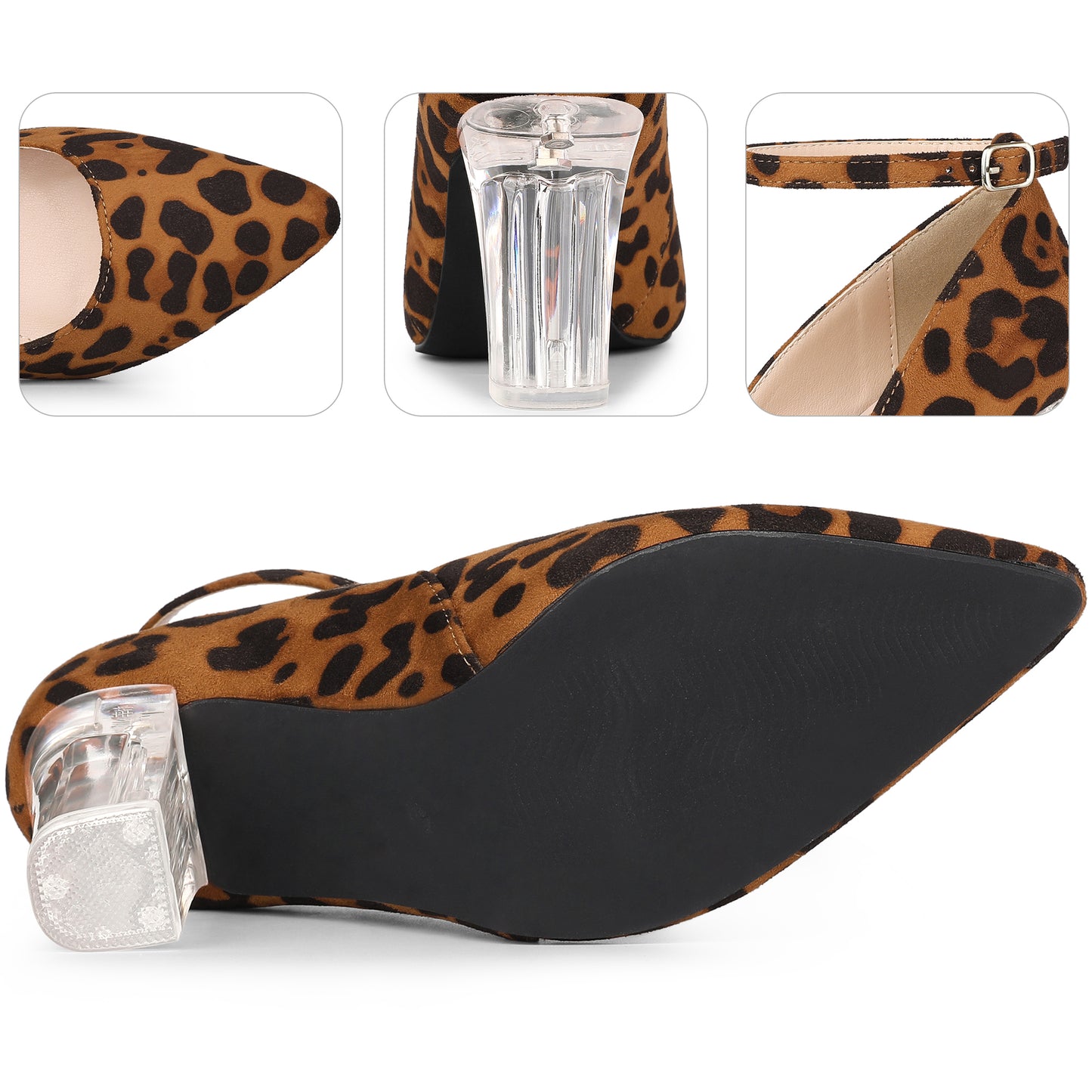 Zapatos de tacón grueso transparentes con tiras en el tobillo y punta puntiaguda para mujer
