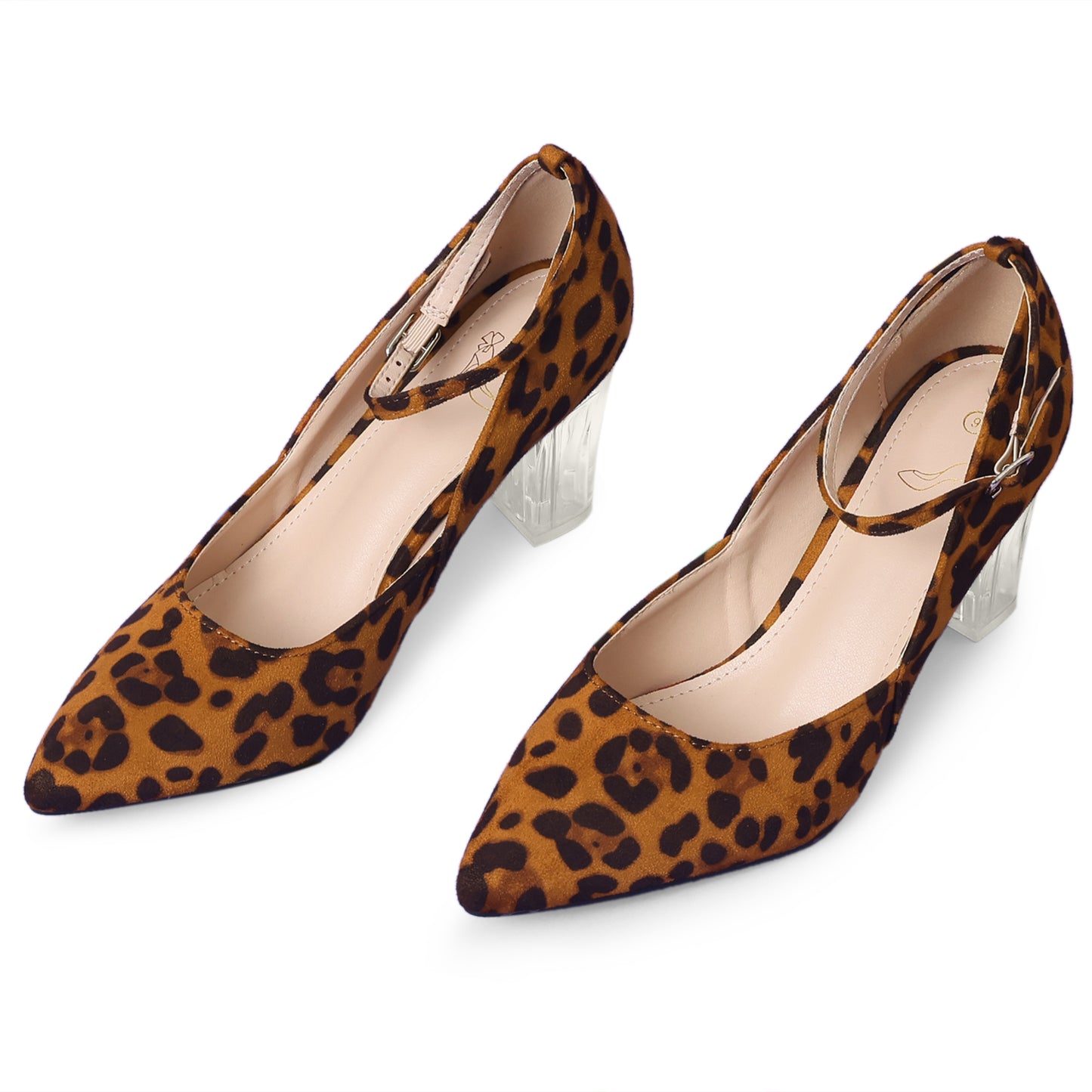 Zapatos de tacón grueso transparentes con tiras en el tobillo y punta puntiaguda para mujer