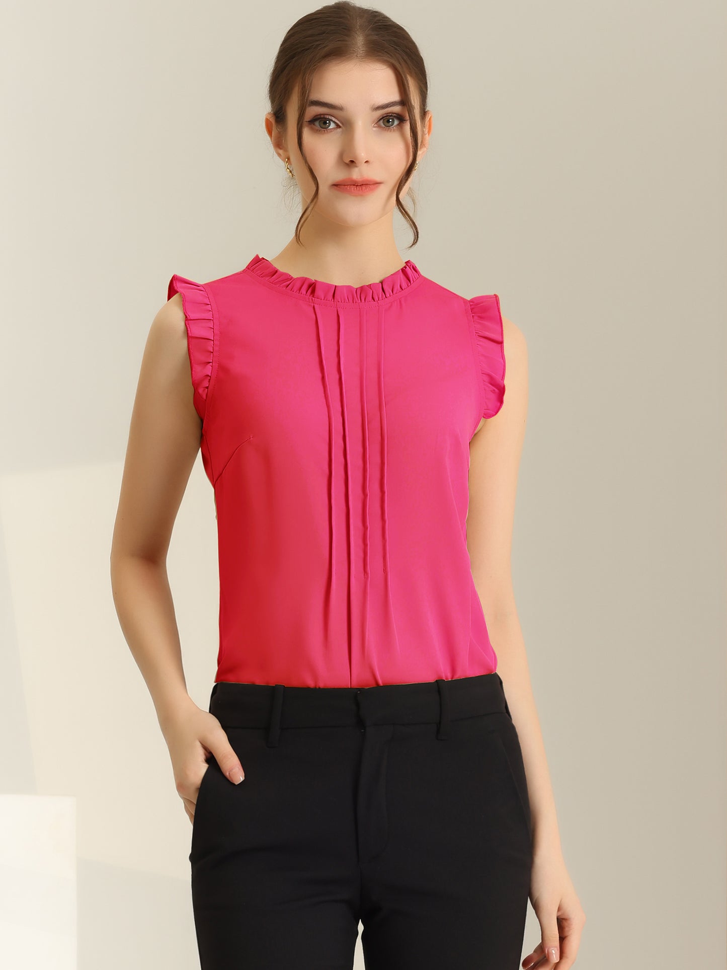 Women's Business Casual Sleeveless Ruffle Blouse Top