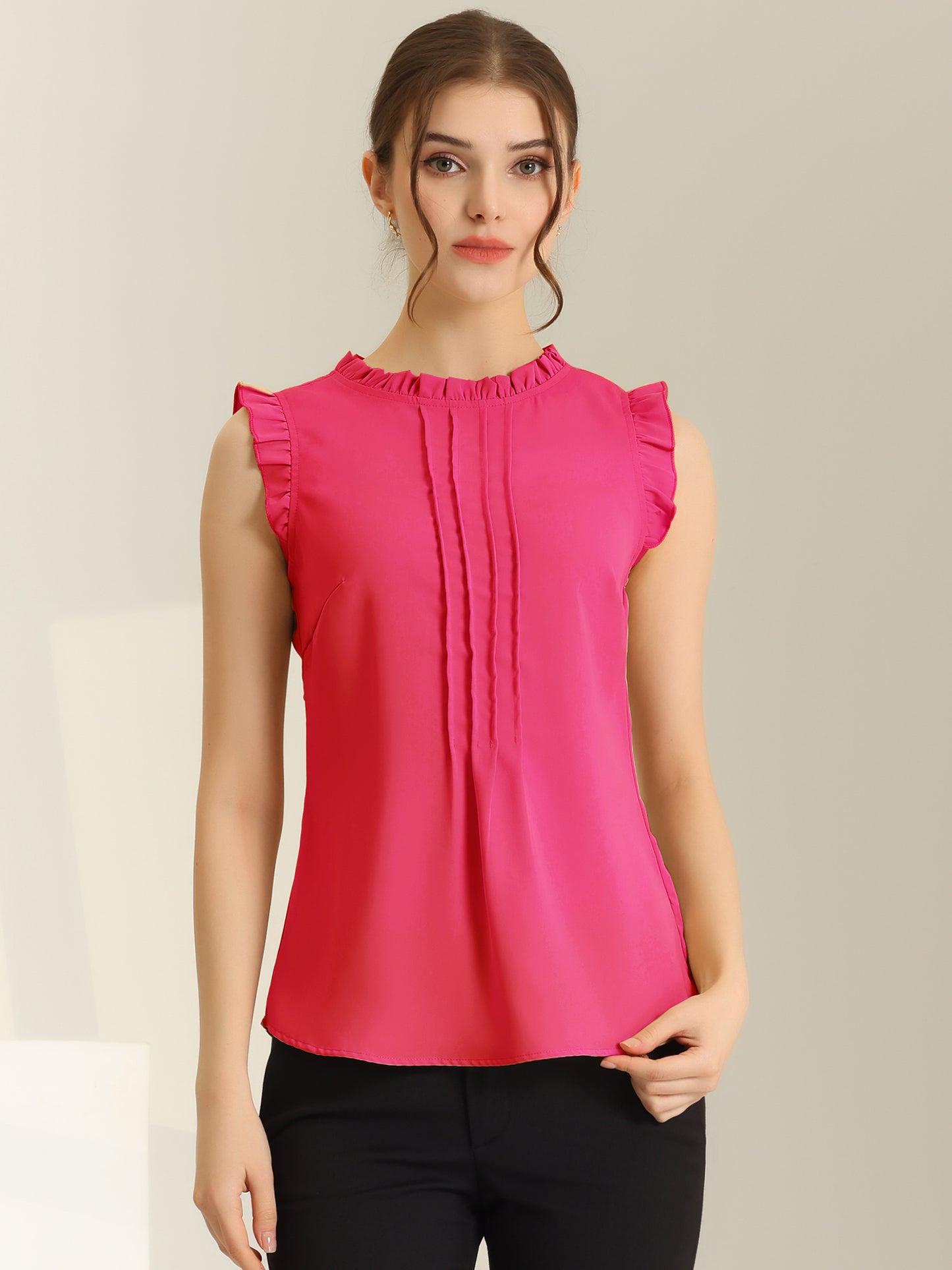 Women's Business Casual Sleeveless Ruffle Blouse Top