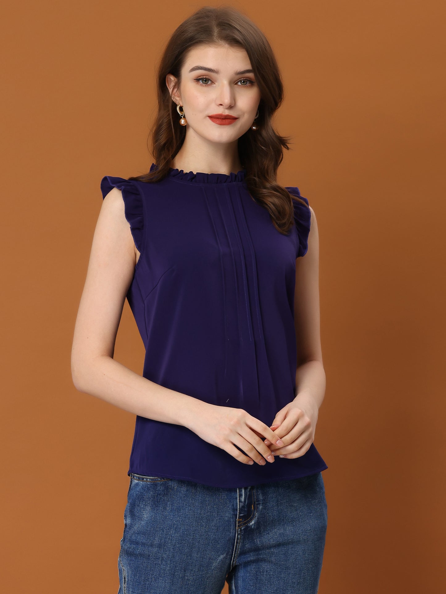 Women's Business Casual Sleeveless Ruffle Blouse Top