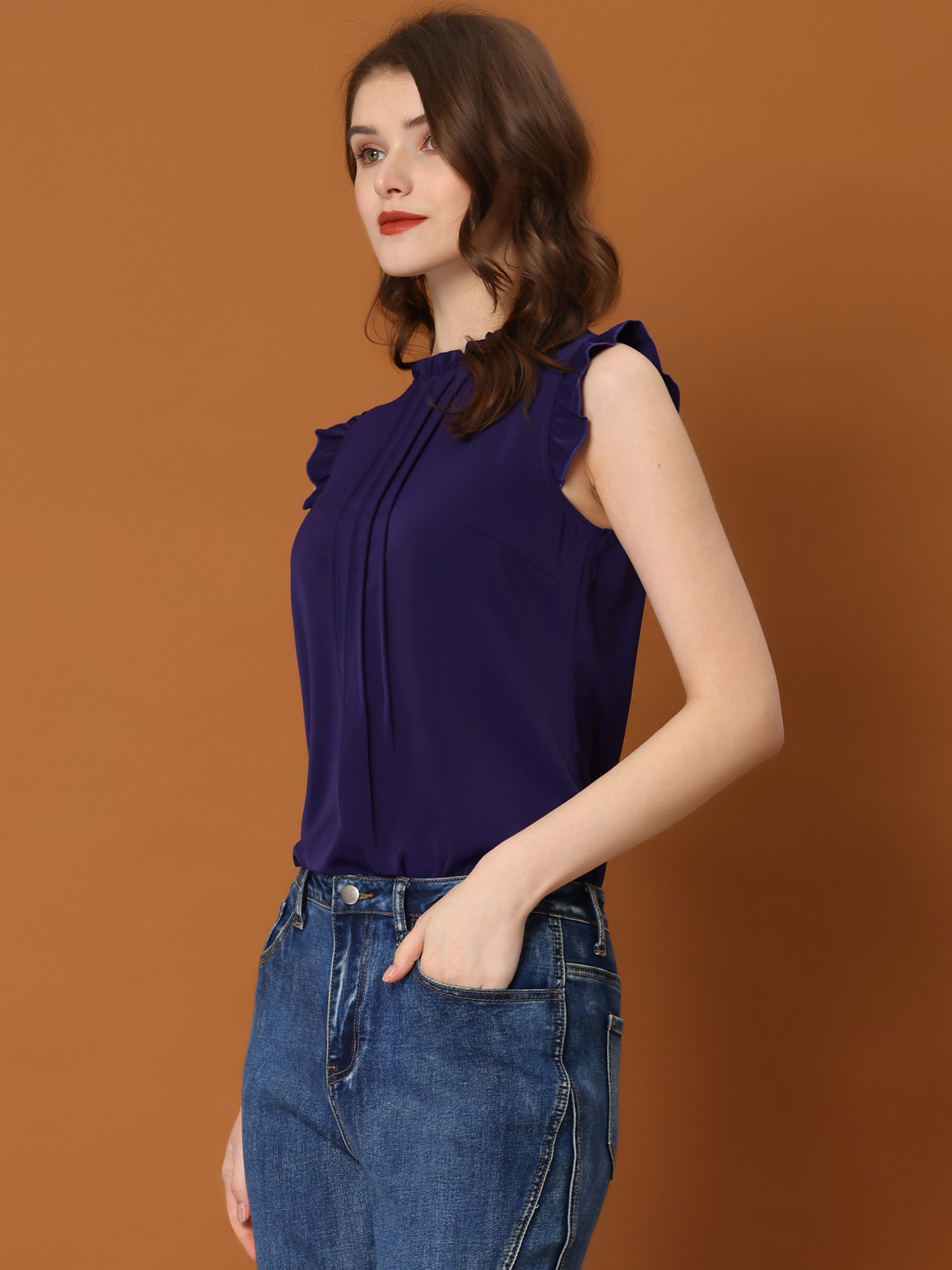 Women's Business Casual Sleeveless Ruffle Blouse Top