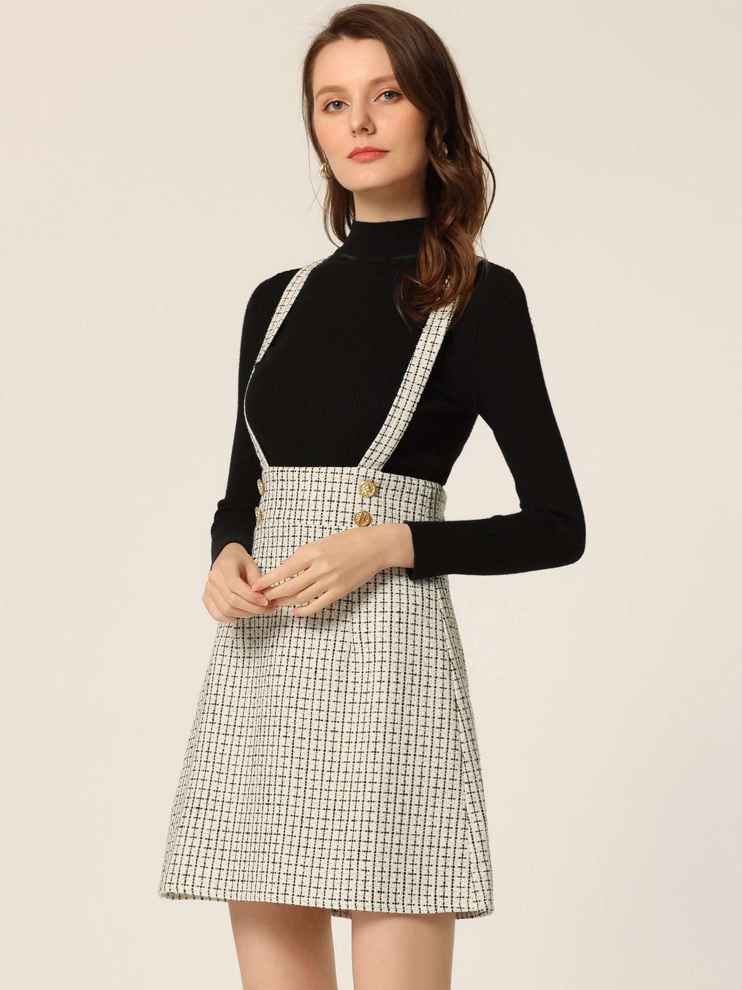 Vestido de tweed para mujer con tirantes y cintura alta, falda a cuadros con tirantes
