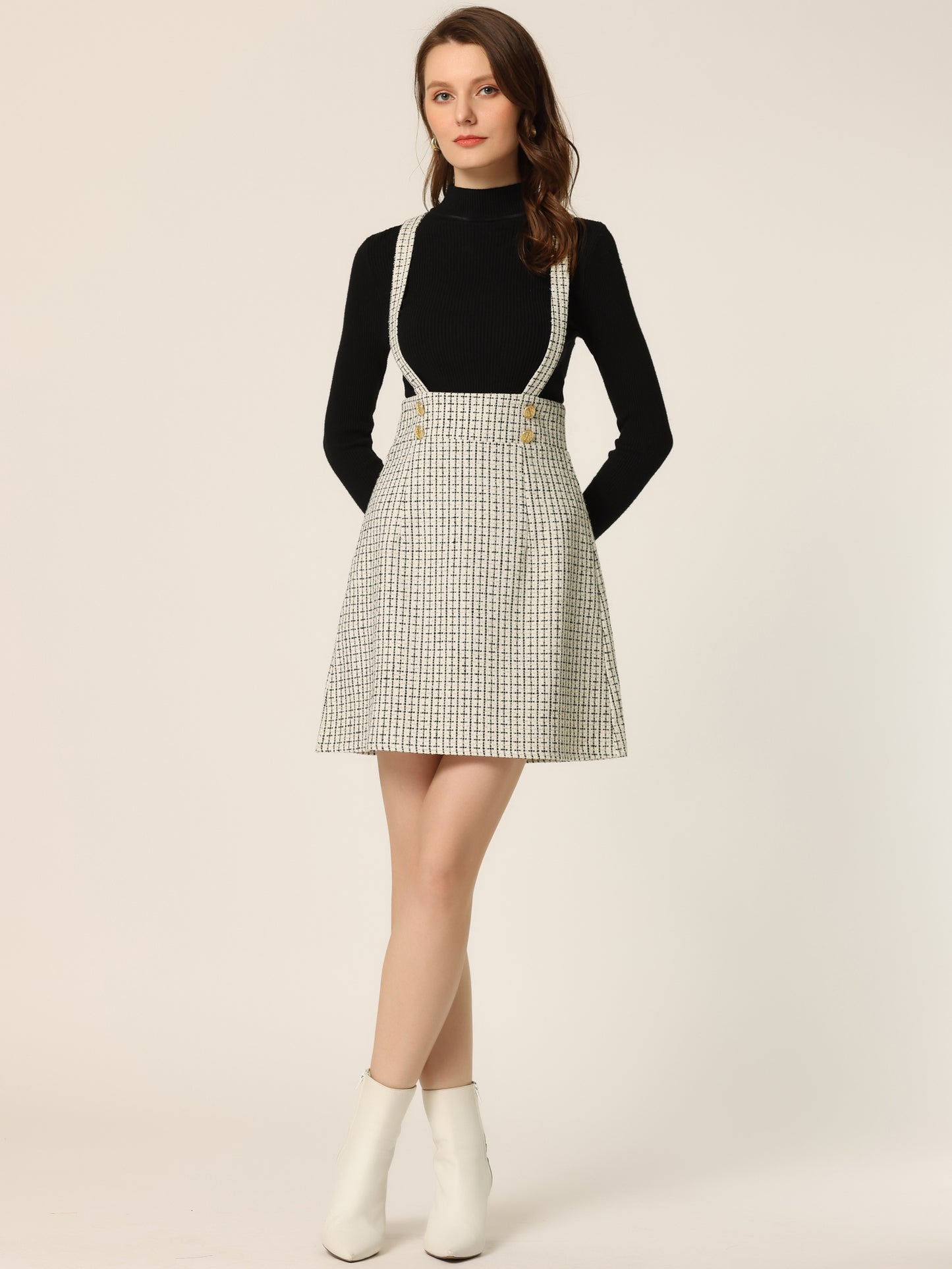Vestido de tweed para mujer con tirantes y cintura alta, falda a cuadros con tirantes