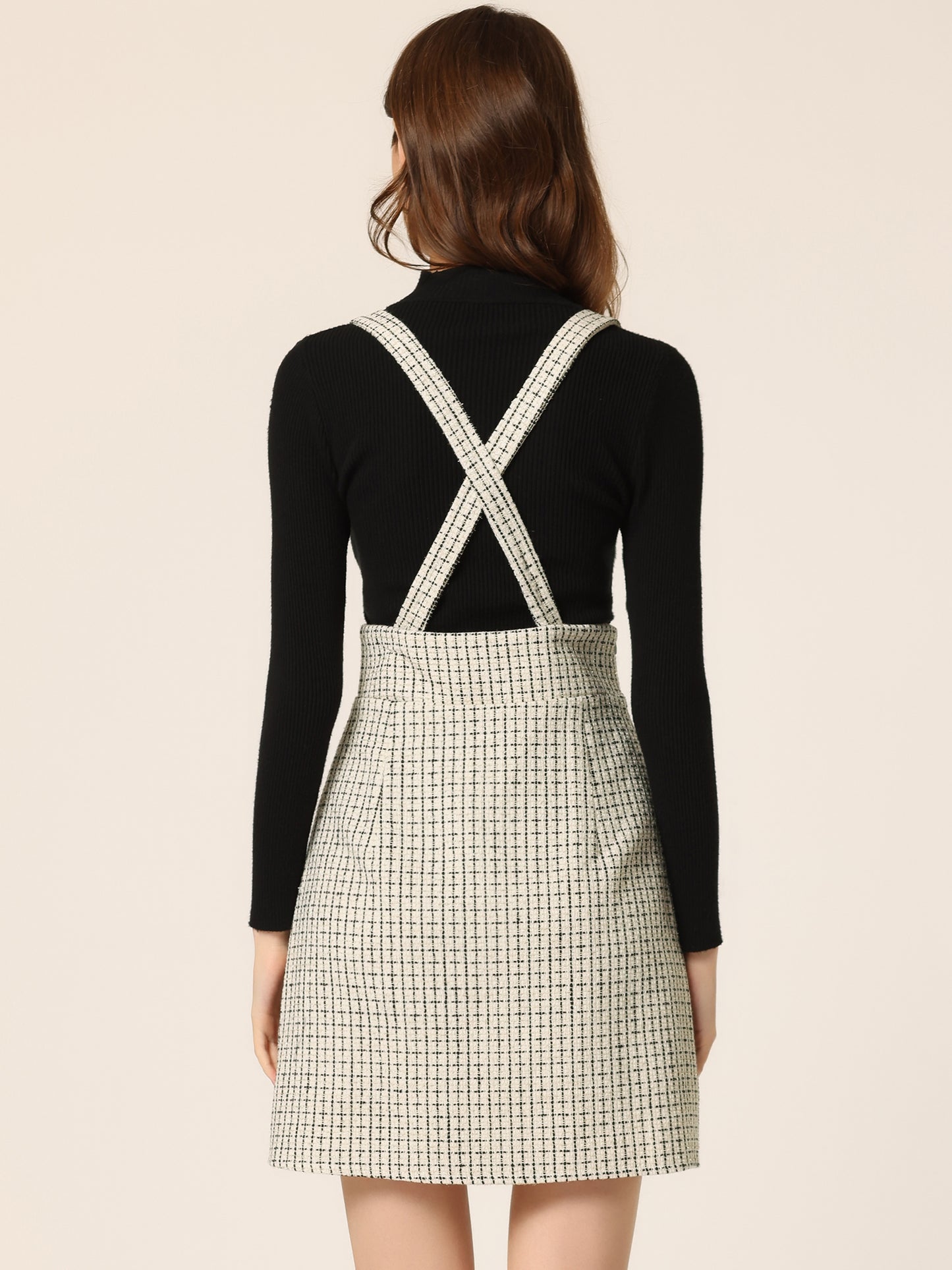 Vestido de tweed para mujer con tirantes y cintura alta, falda a cuadros con tirantes