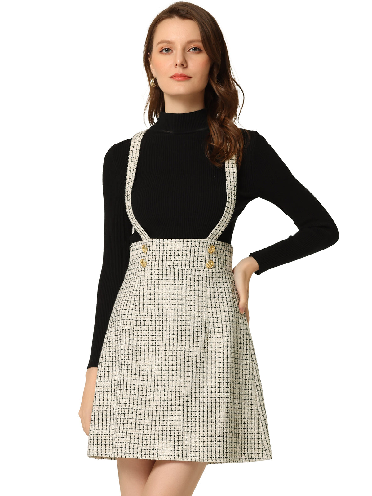 Women's Tweed Overall Dress Strap Braces High Waist Plaid Suspender Skirt