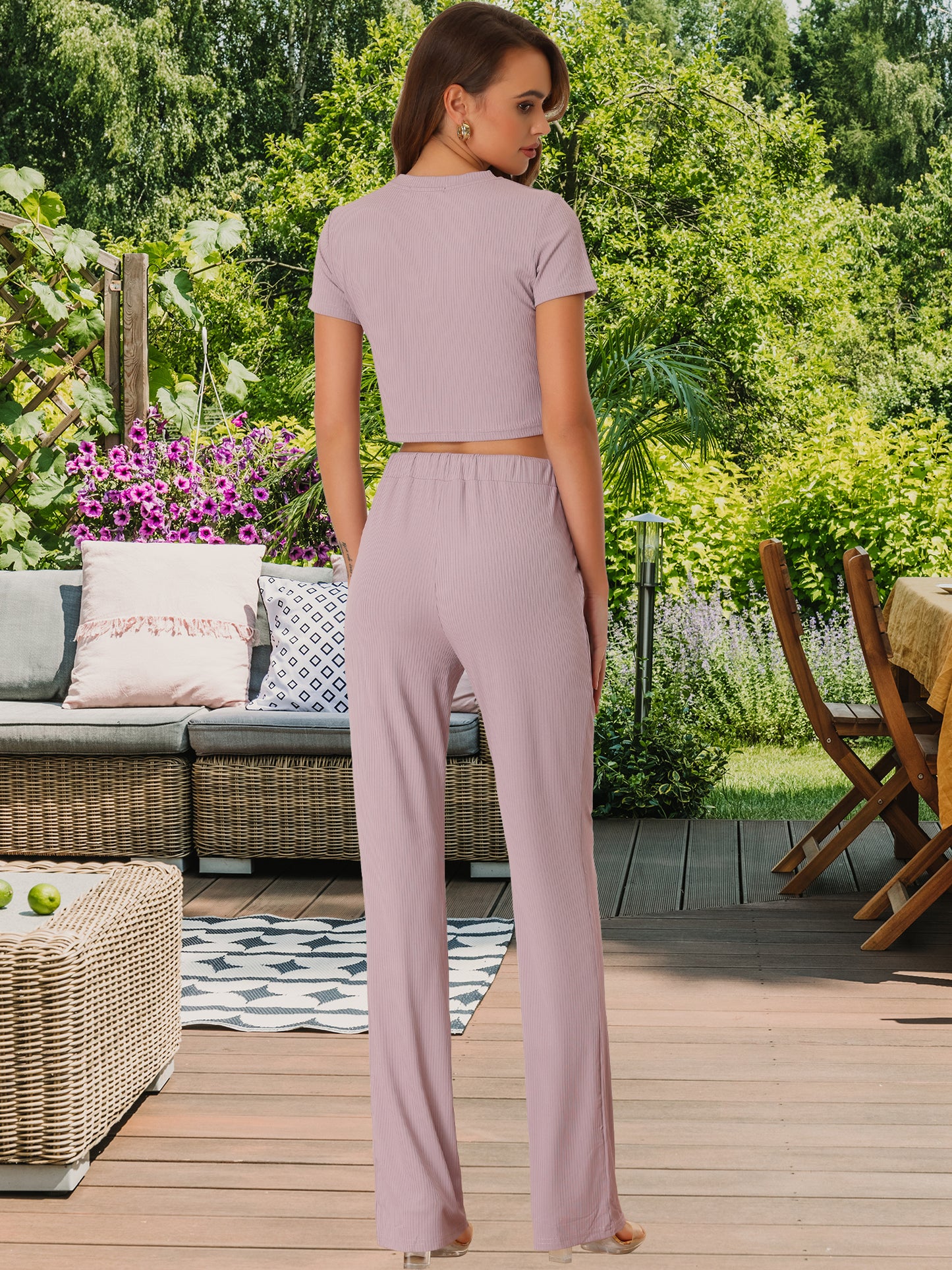 Women's Summer 2 Piece Short Sleeve Crop Top High Waist Wide Leg Long Pant Sets Tracksuit Set