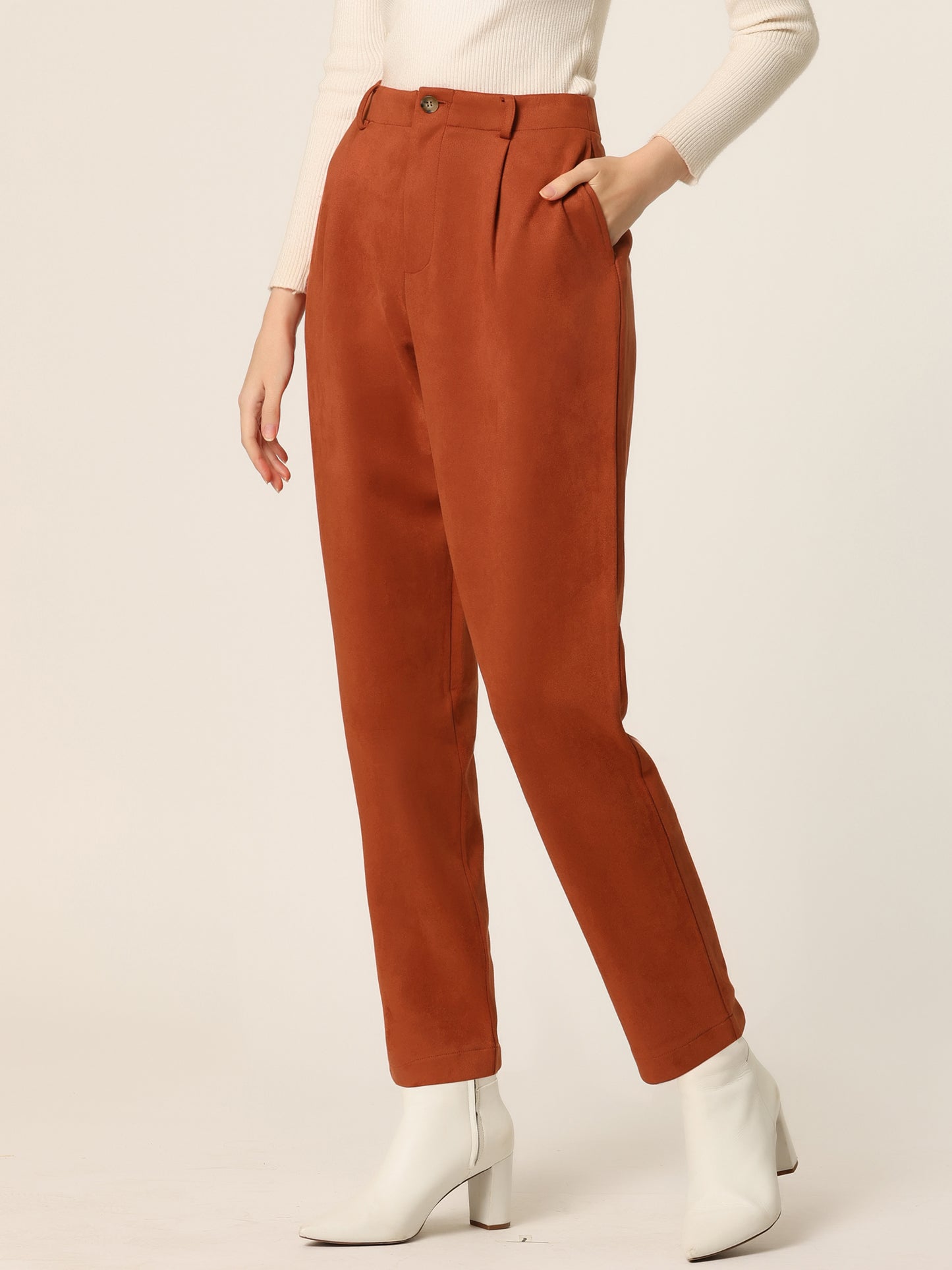 Women's Faux Suede Pants Casual High Waist Belted Straight Legs Trousers