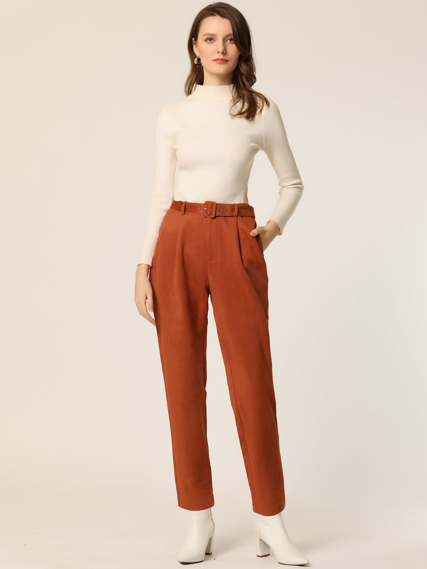 Women's Faux Suede Pants Casual High Waist Belted Straight Legs Trousers