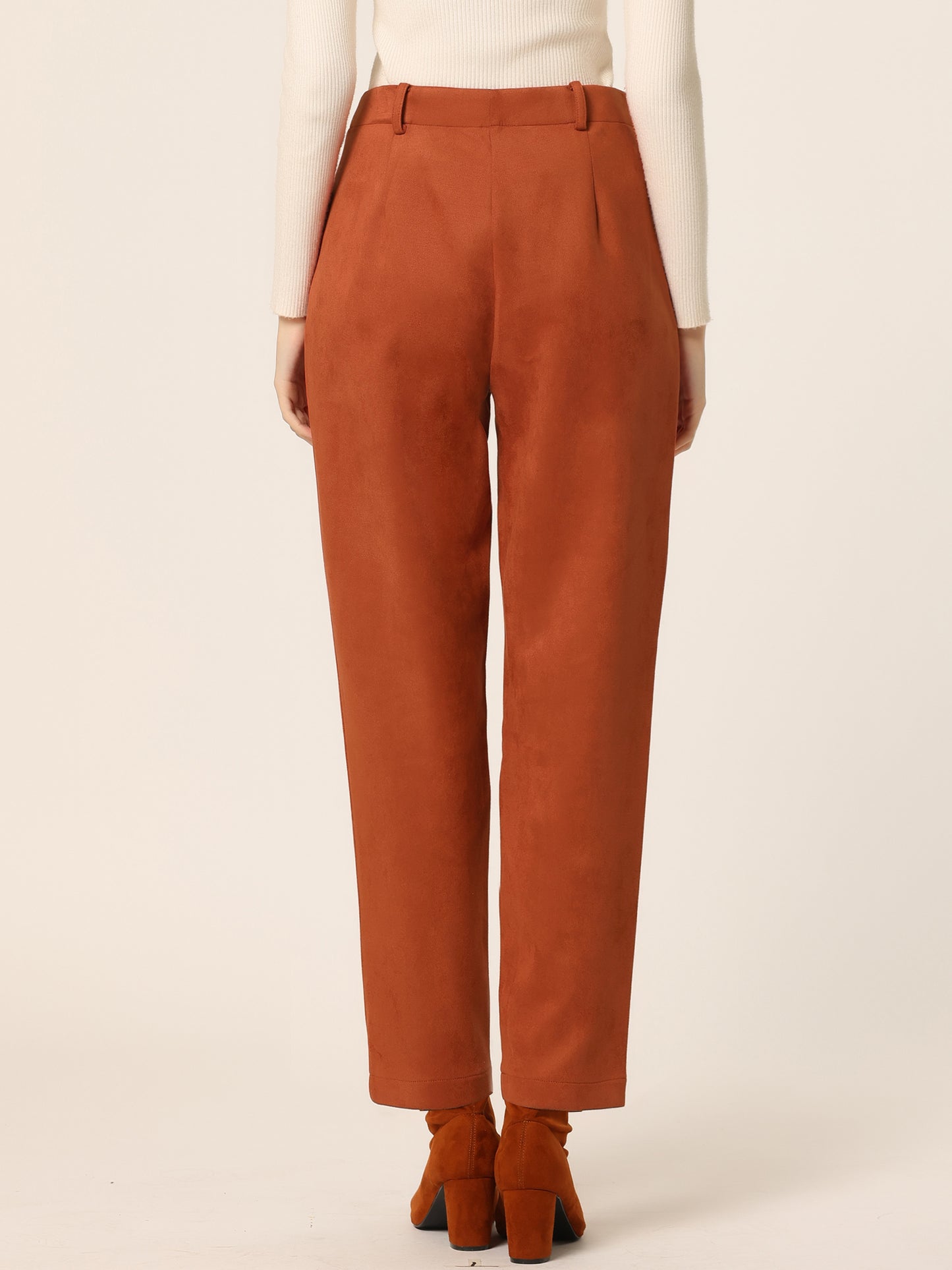 Women's Faux Suede Pants Casual High Waist Belted Straight Legs Trousers