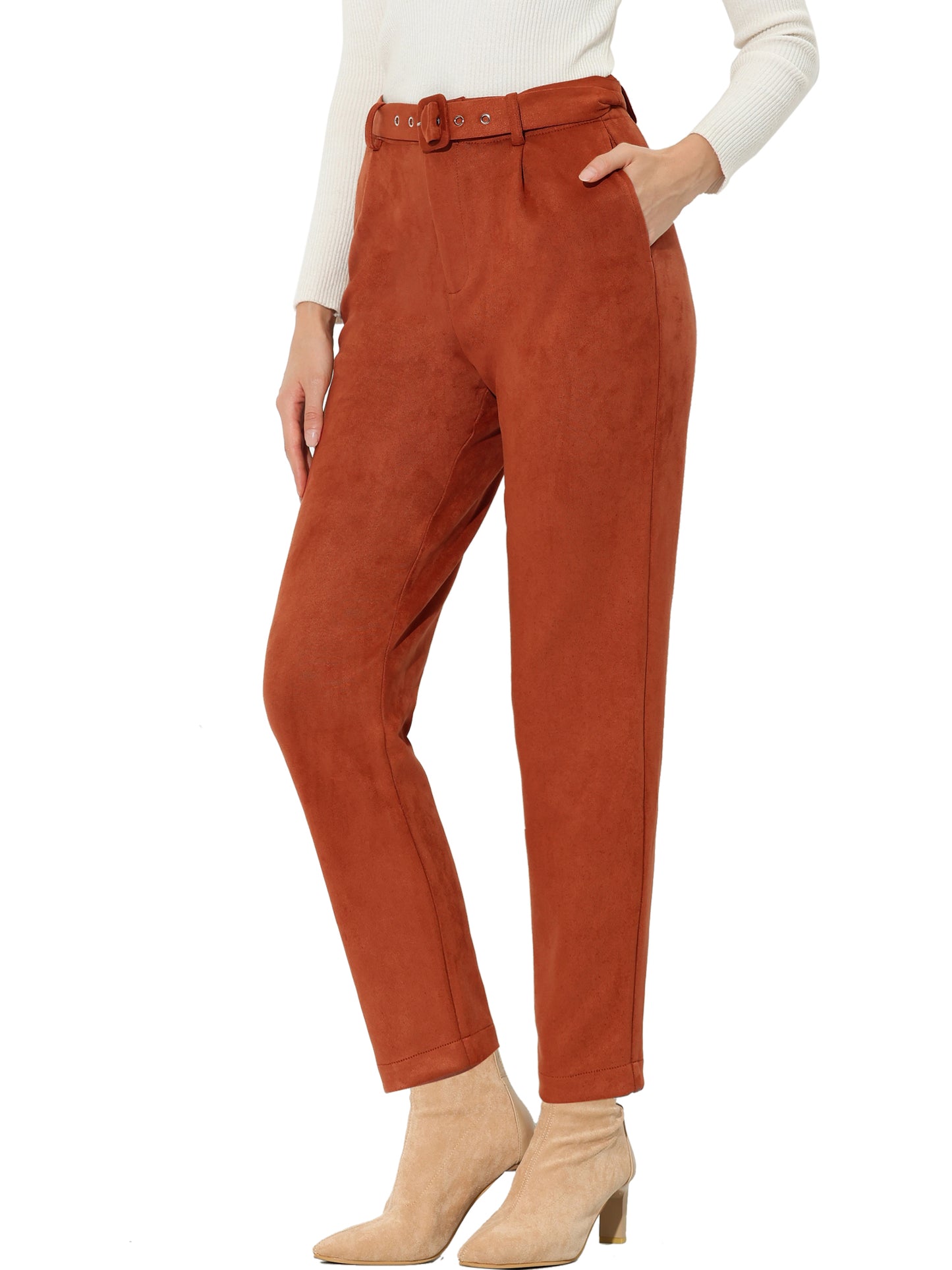 Women's Faux Suede Pants Casual High Waist Belted Straight Legs Trousers