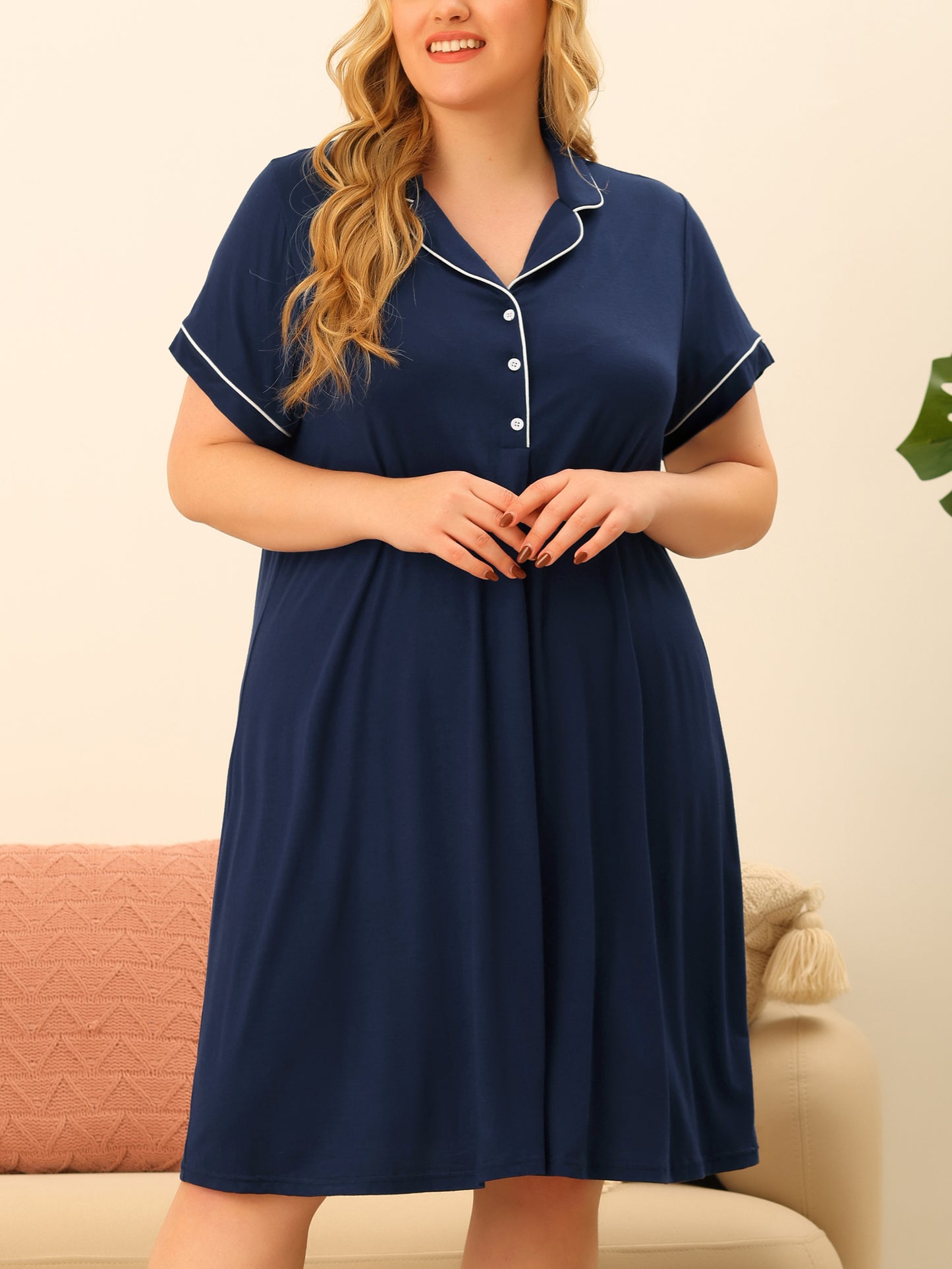 Women Plus Size Sleep Shirt Short Sleeves Pajama Button Down Nightgown Nightdress Sleepwear