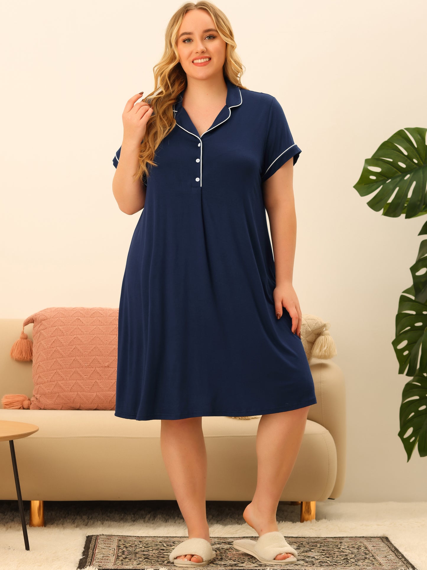 Women Plus Size Sleep Shirt Short Sleeves Pajama Button Down Nightgown Nightdress Sleepwear