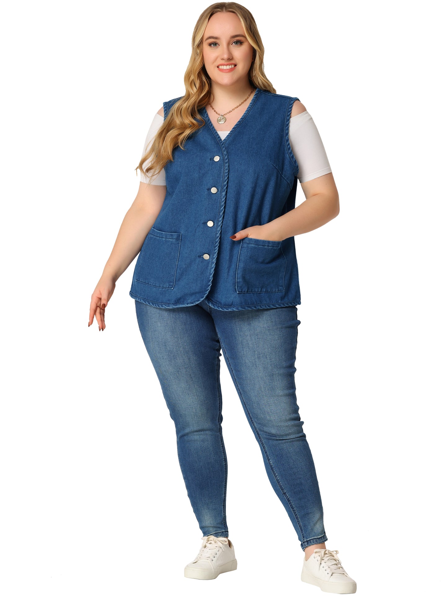 Women Plus Size Denim Vest Top Button Down V Neck Waistcoat Sleeveless Jean Jacket Vest