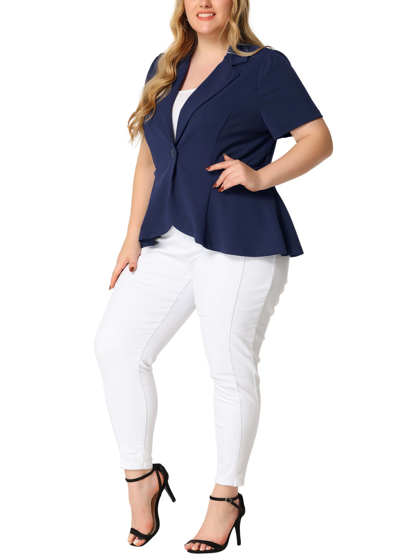 Women Plus Size Blazer Short Sleeve Office Work Button Jacket Business Suit