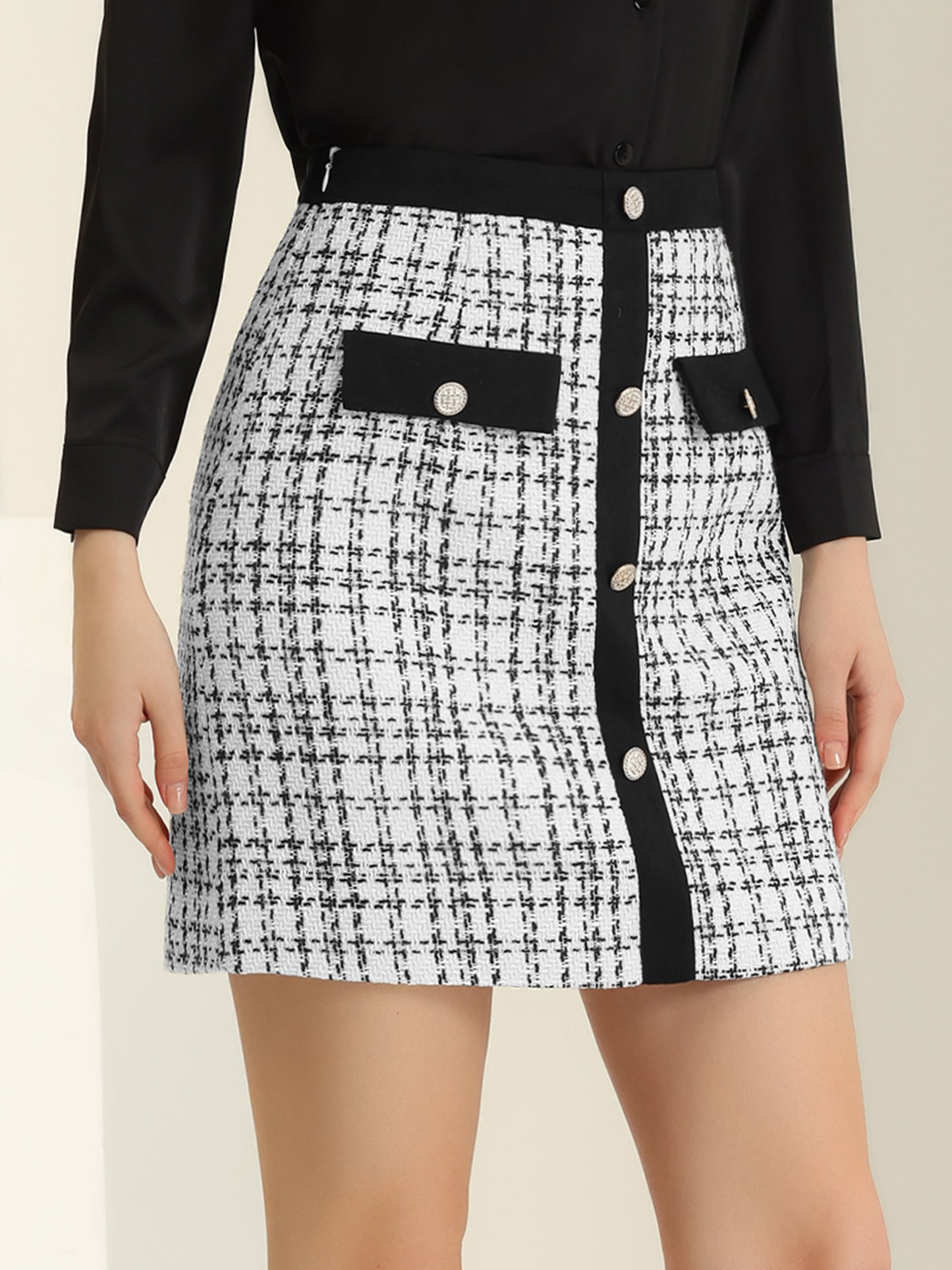 Minifalda de oficina elegante y ajustada con cintura alta y botones decorados de tweed para mujer