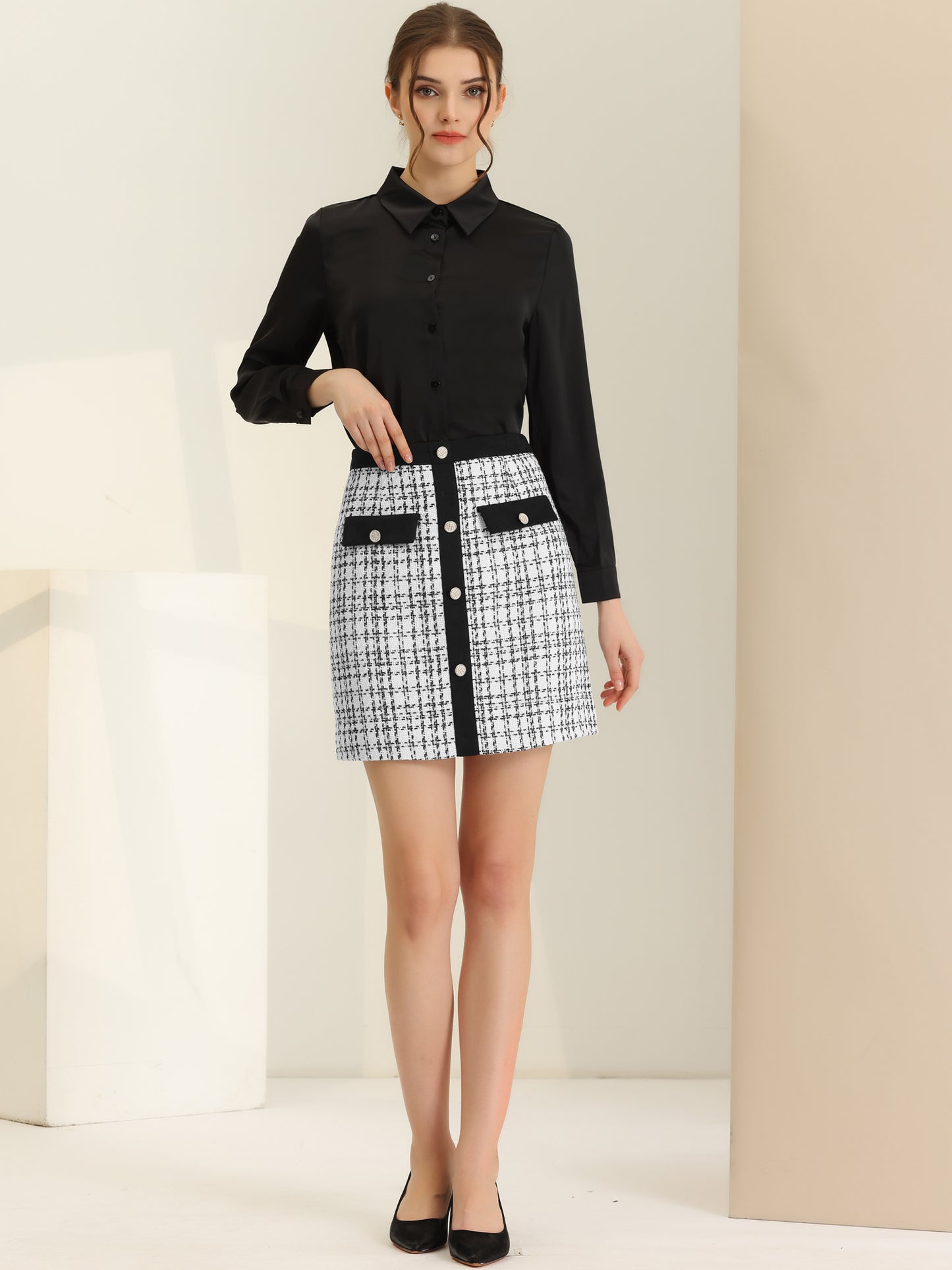 Minifalda de oficina elegante y ajustada con cintura alta y botones decorados de tweed para mujer